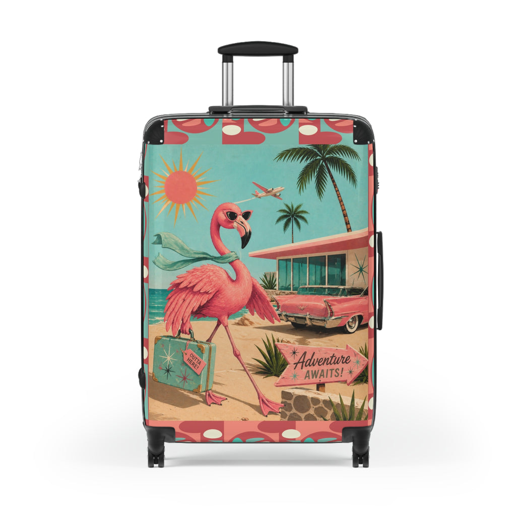 Retro MCM Flamingo fly away holiday Beach Scene Suitcase | Vintage Travel Print