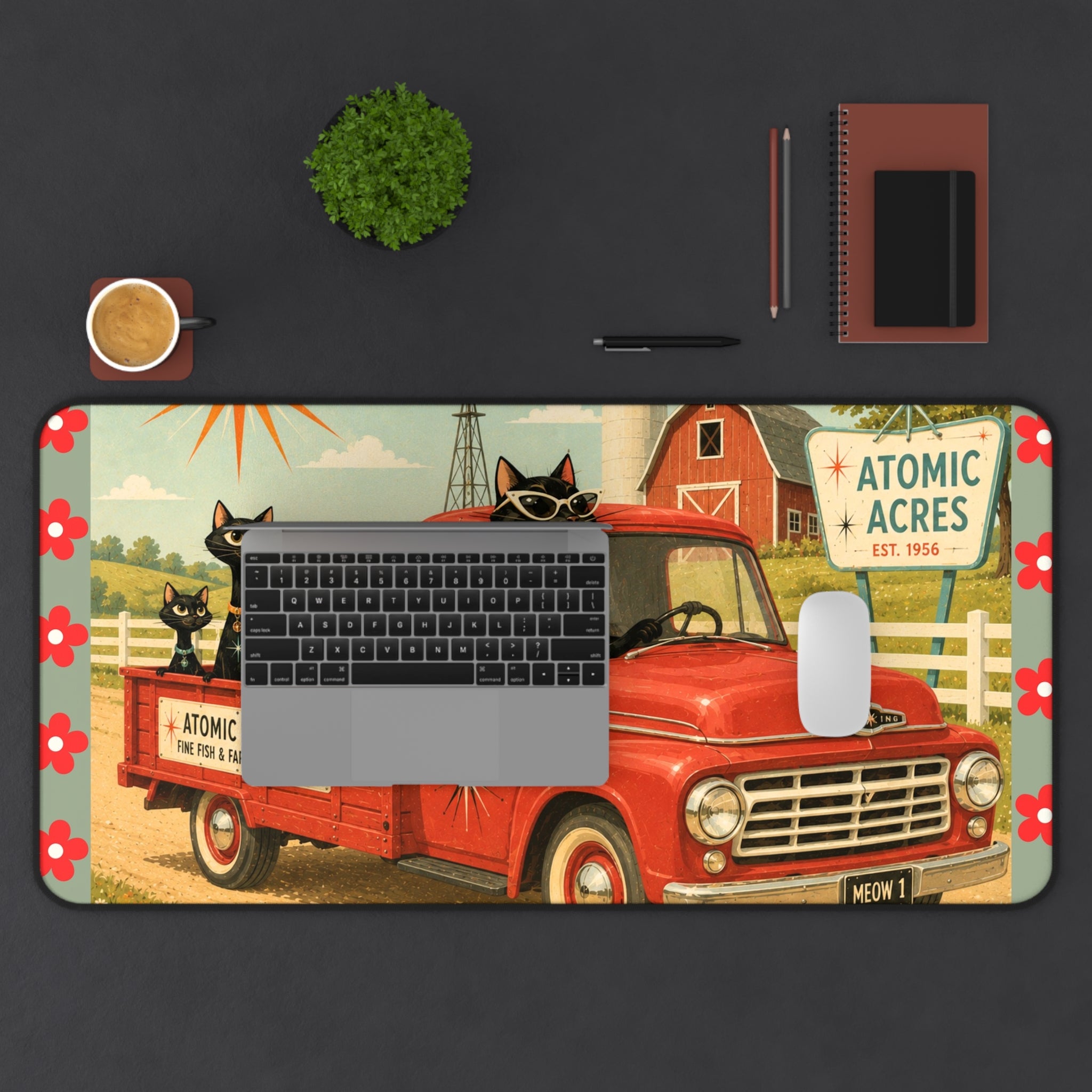 Retro Red Truck with Atomic Black Cats Desk Mat | Atomic Acres Farm Mousepad