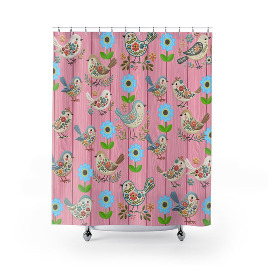 Cute birds embroidery (PRINTED look only) with a pink woodgrain look Shower Curtain, floral, cottage decor, bathtub, stall shower curtain