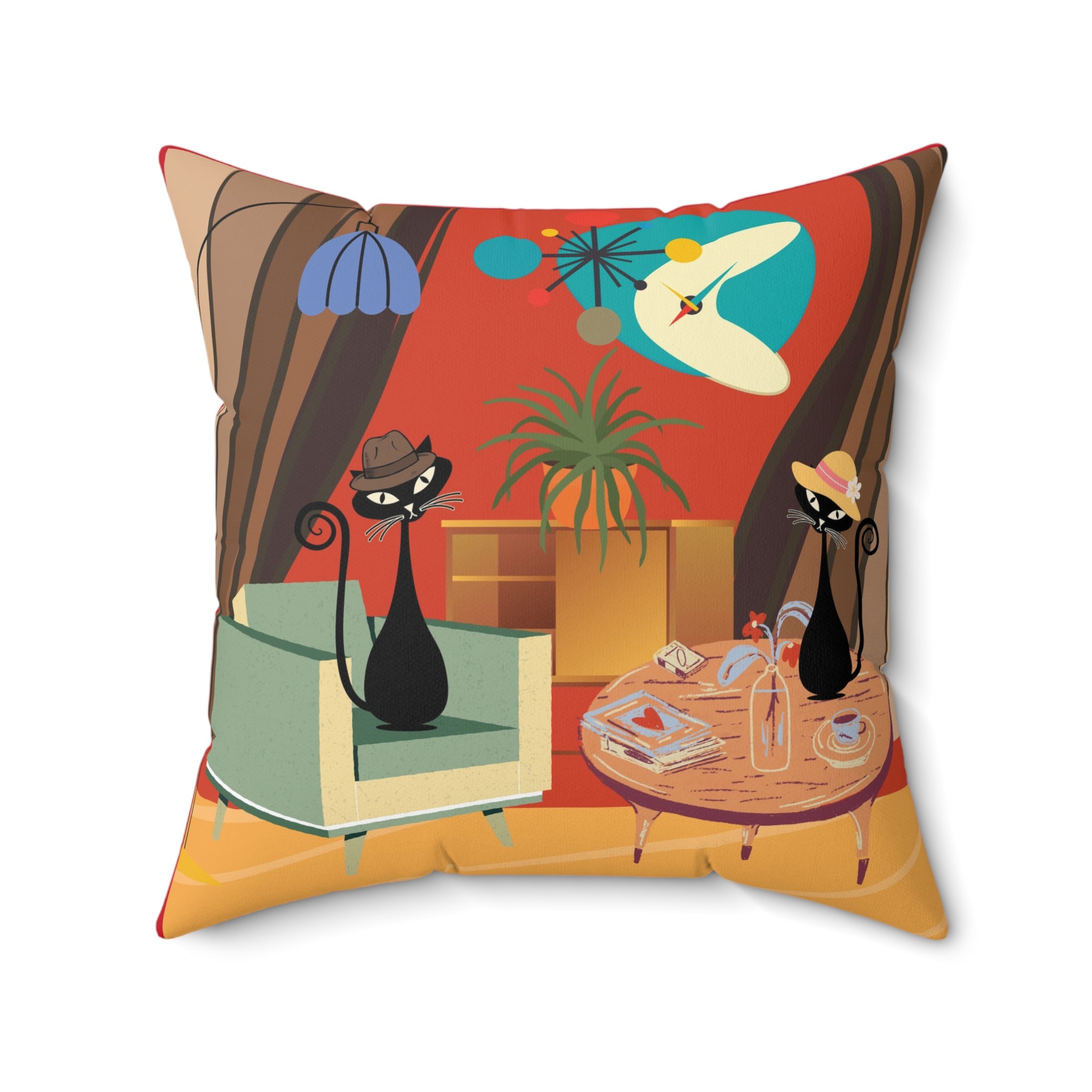Atomic cat MCM Spun Polyester Square Pillow, retro scatter throw cushion, Mid Century Modern, black cat lover gift