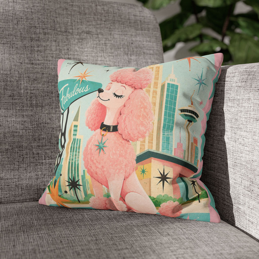 Fabulous Pink Poodle Pillowcase Spun Polyester Square Pillowcase | Retro Mid-Century Dog - COVER ONLY