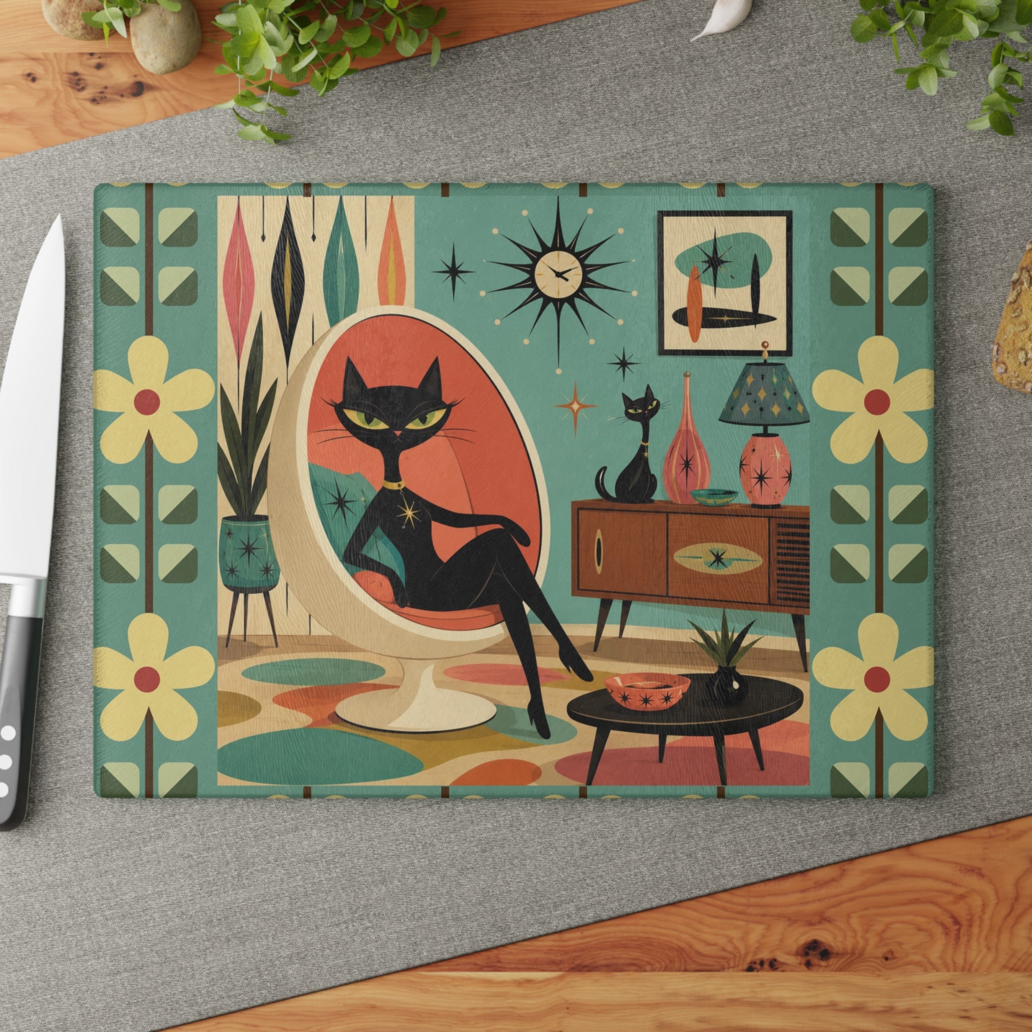 Retro Lounge Atomic Cat Glass Cutting Board | Mid Century Modern Kitchen Decor