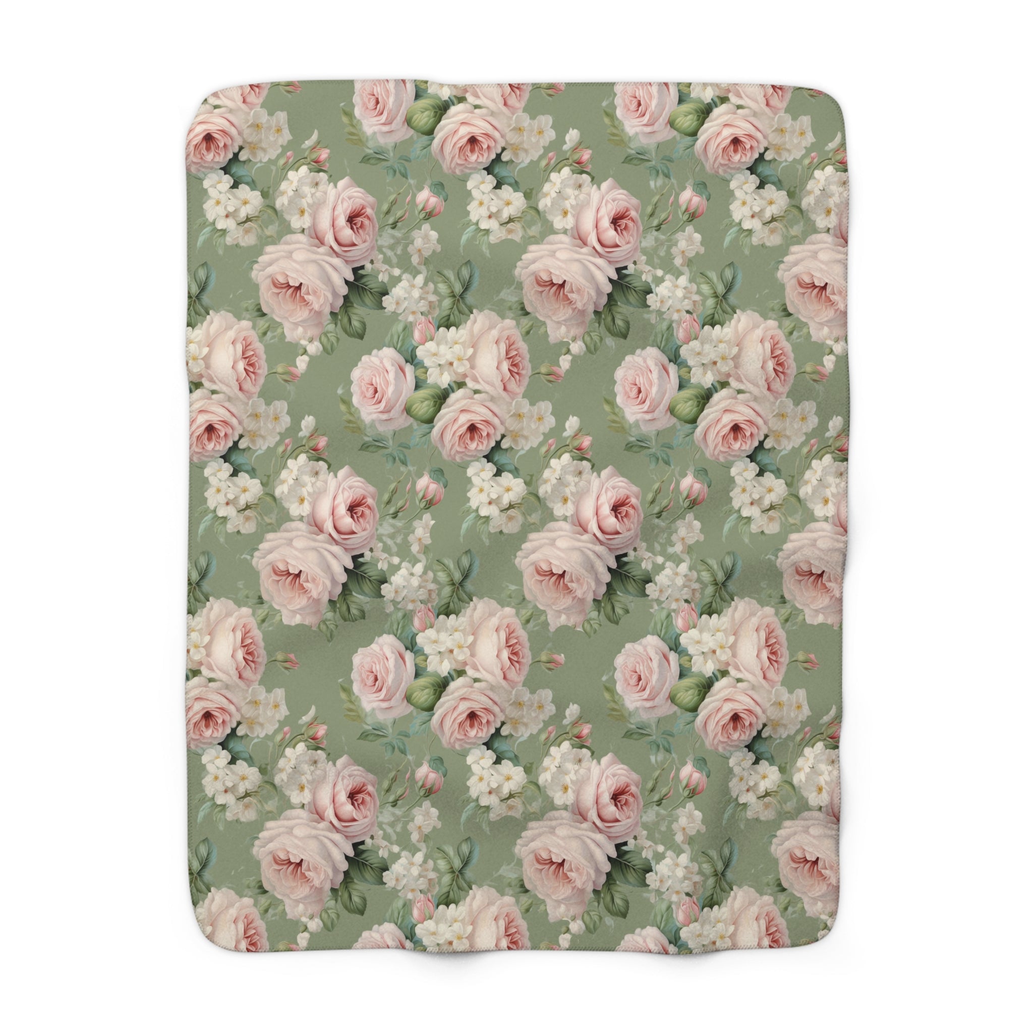 Pink vintage rose with green background Sherpa Fleece Blanket, Farmhouse decor, Shabby chic, country cottage, throw couch blanket