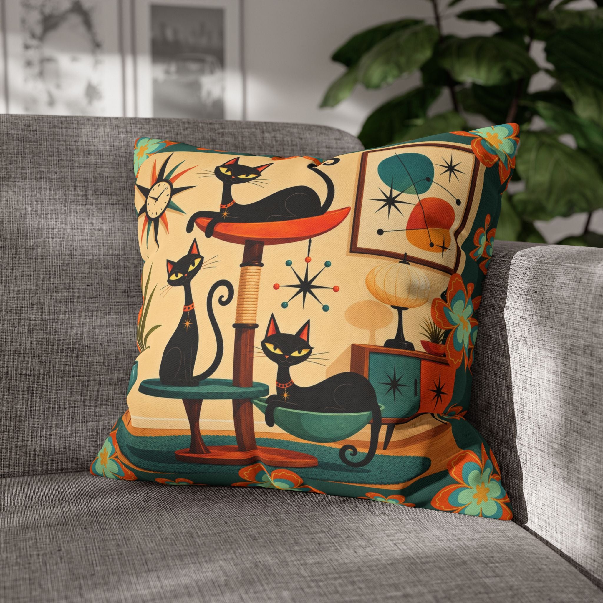 Retro Mid Century Atomic Cats pillowcase | Square Pillowcase - COVER ONLY