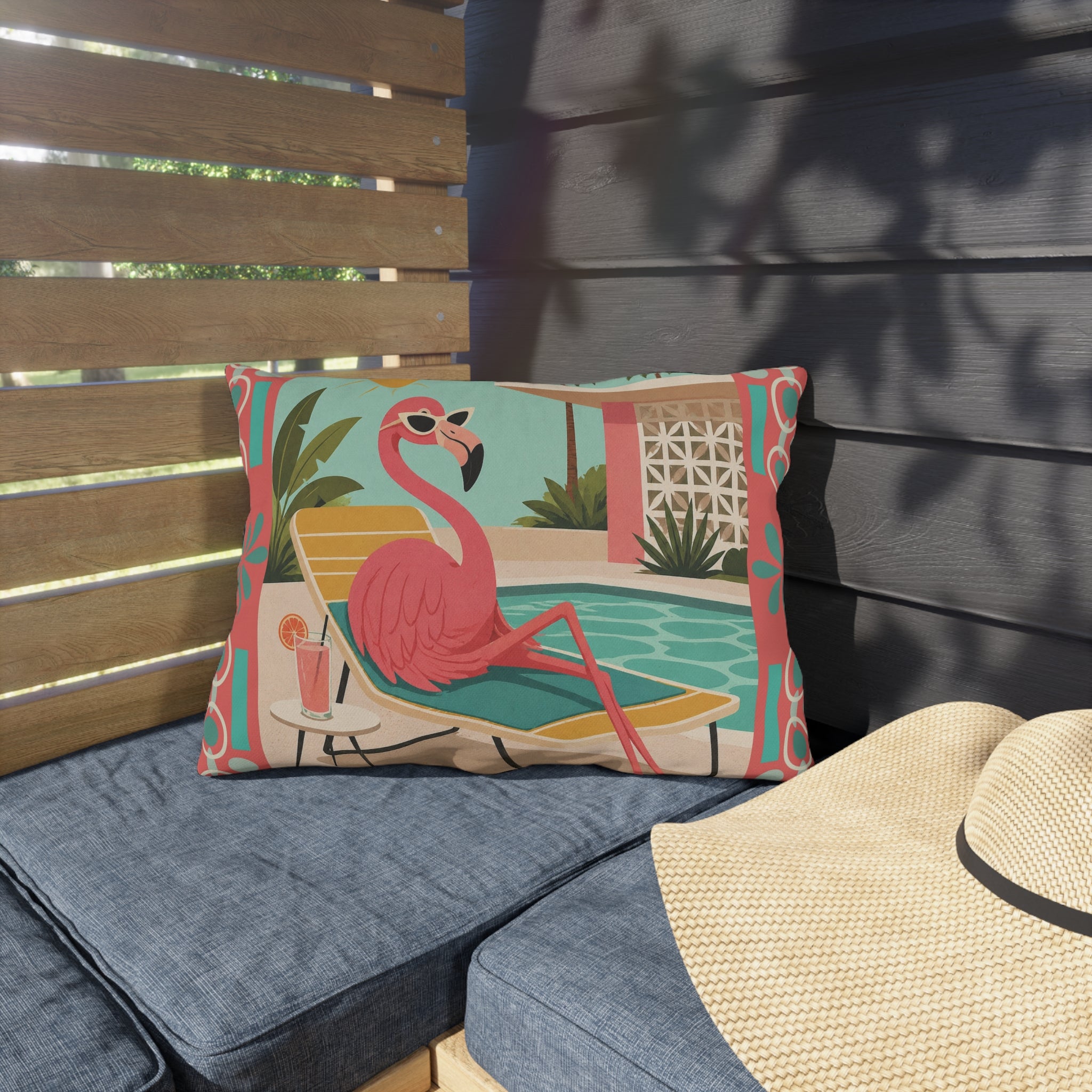MCM Pink Flamingo Poolside Outdoor Pillow | Retro Mid Century Tropical