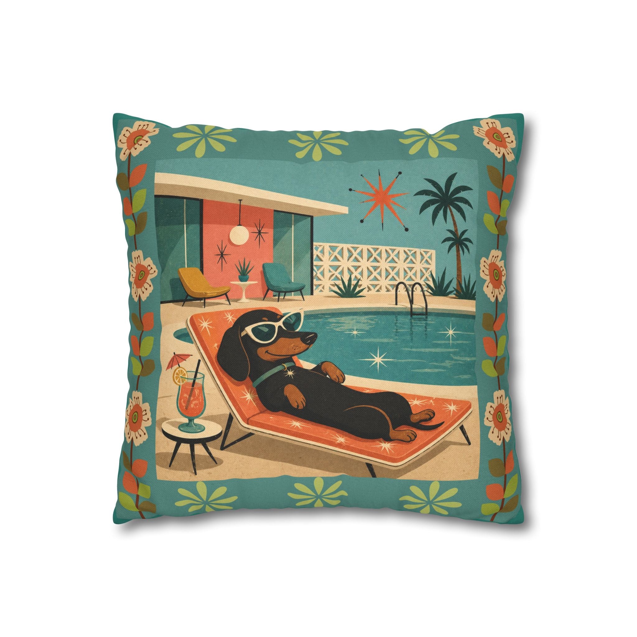 Retro Dachshund Pool Lounge Pillowcase | Square Pillowcase - COVER ONLY - Indoor Use