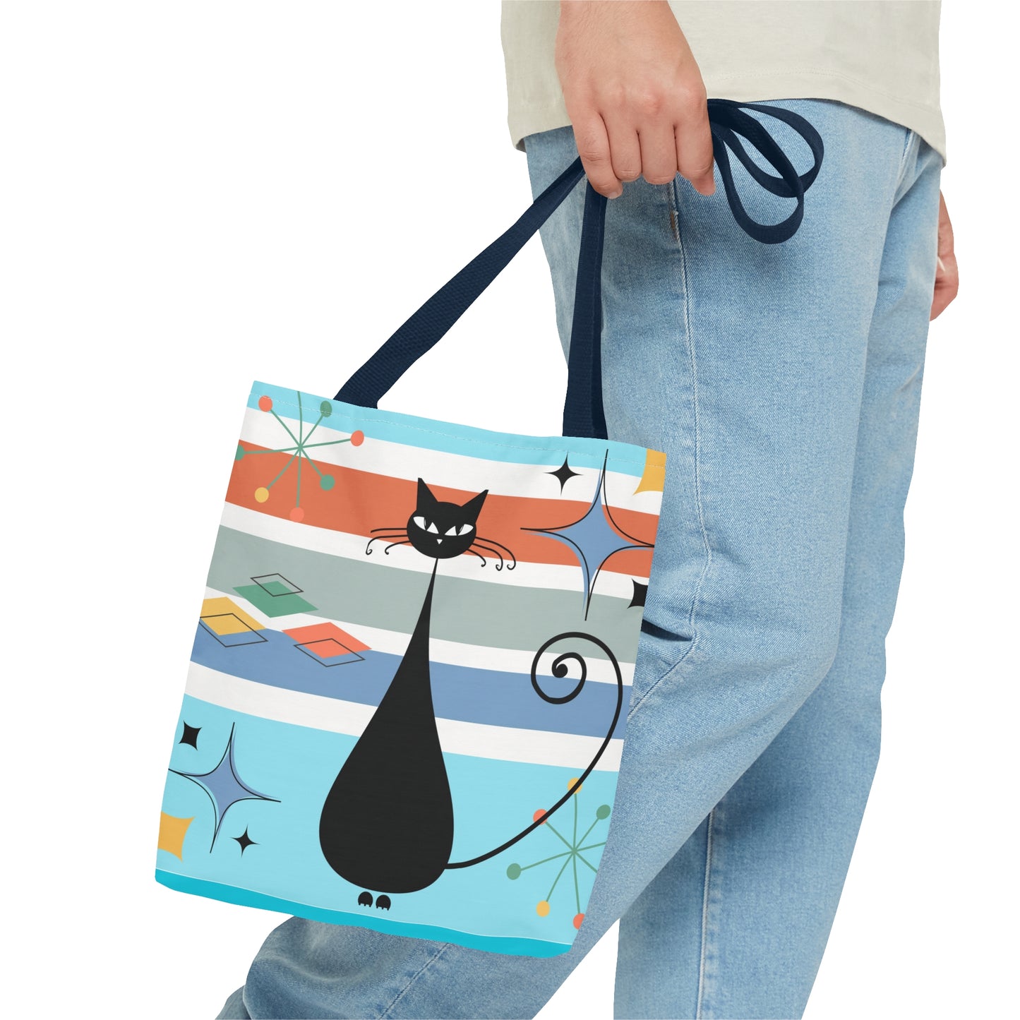 Atomic cat retro tote bag, black cat lover, mid century modern tote carry bag