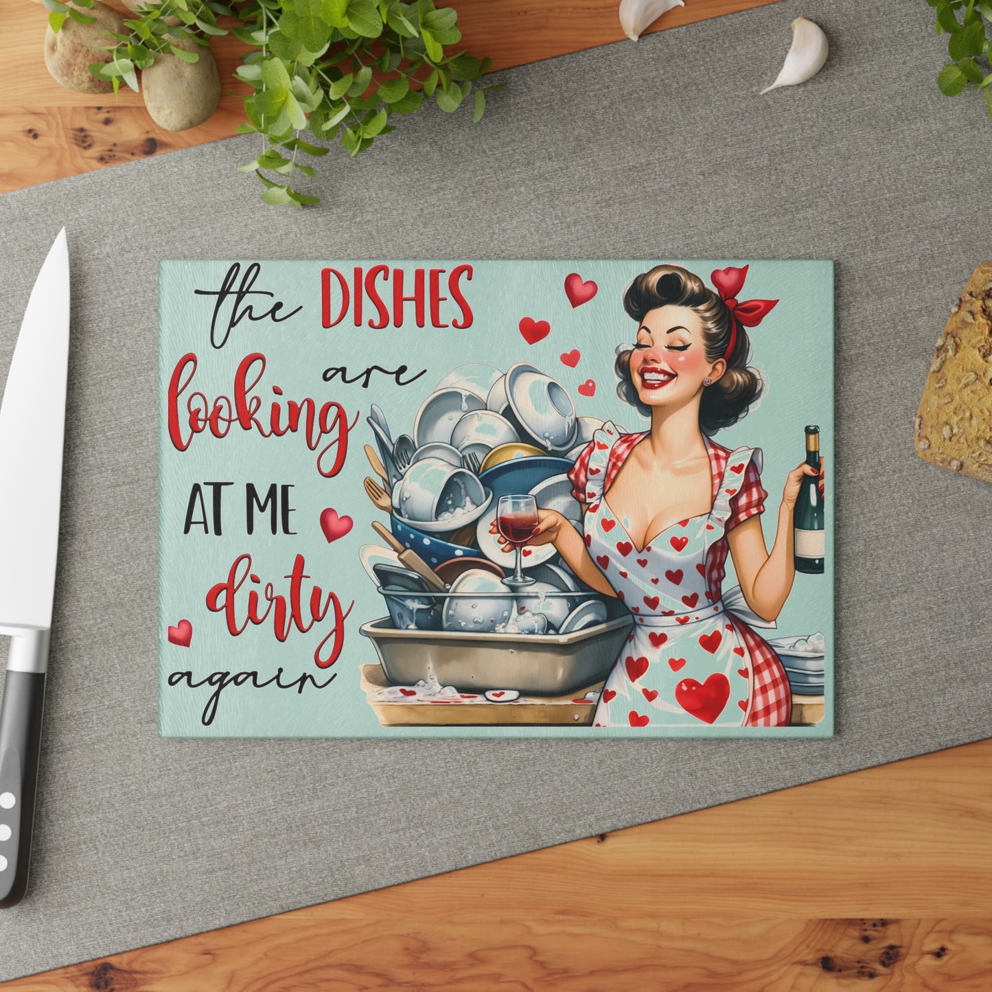 Vintage inspired Dirty dishes Glass Cutting Board, valentines gift, retro chopping board