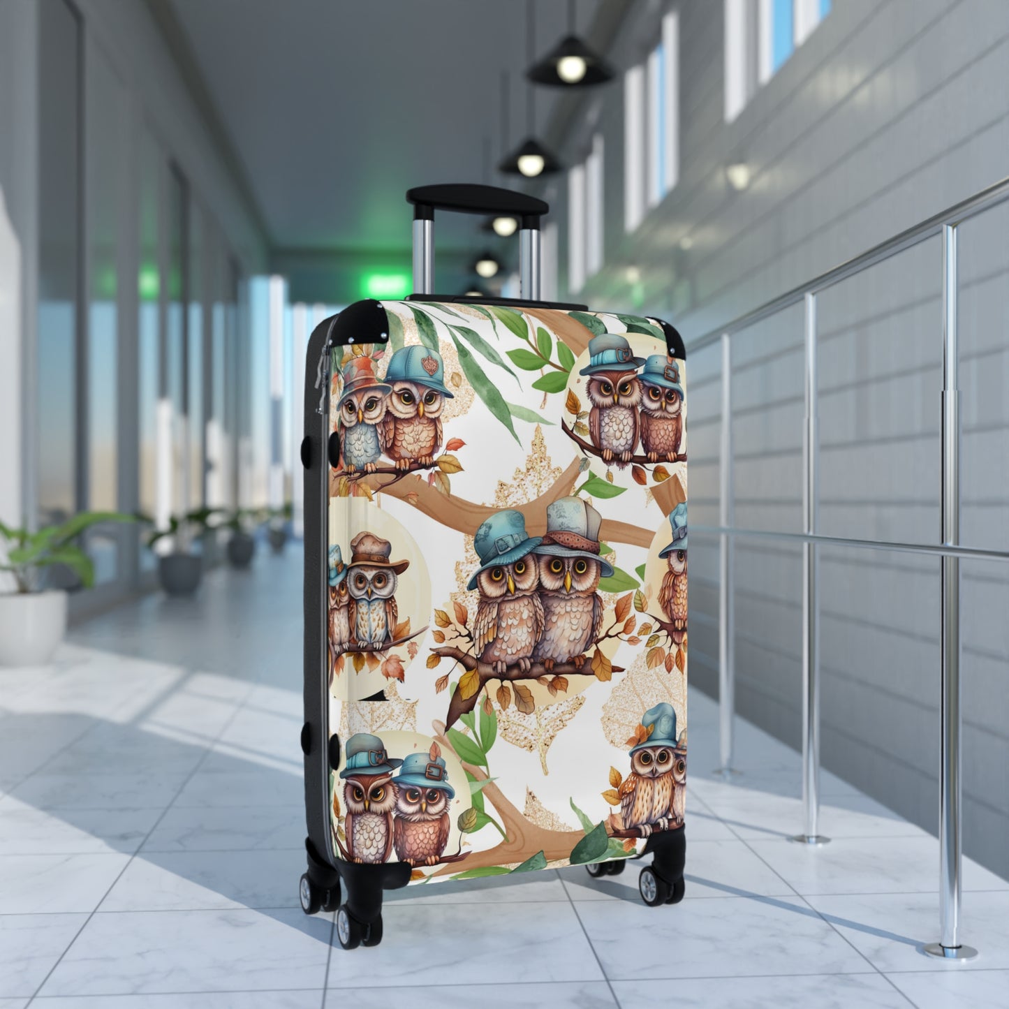 Cute Owl Suitcase on wheels, hard shell travel luggage secure and lockable for holidays, weekend, carry on suitcase