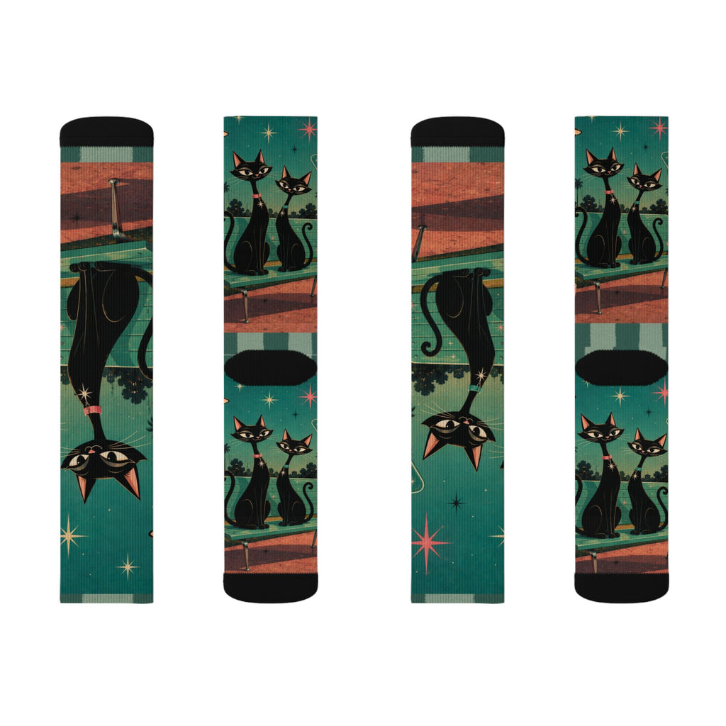 Retro Atomic Black Cats Socks | Teal Night Cat Pattern Sublimation Socks