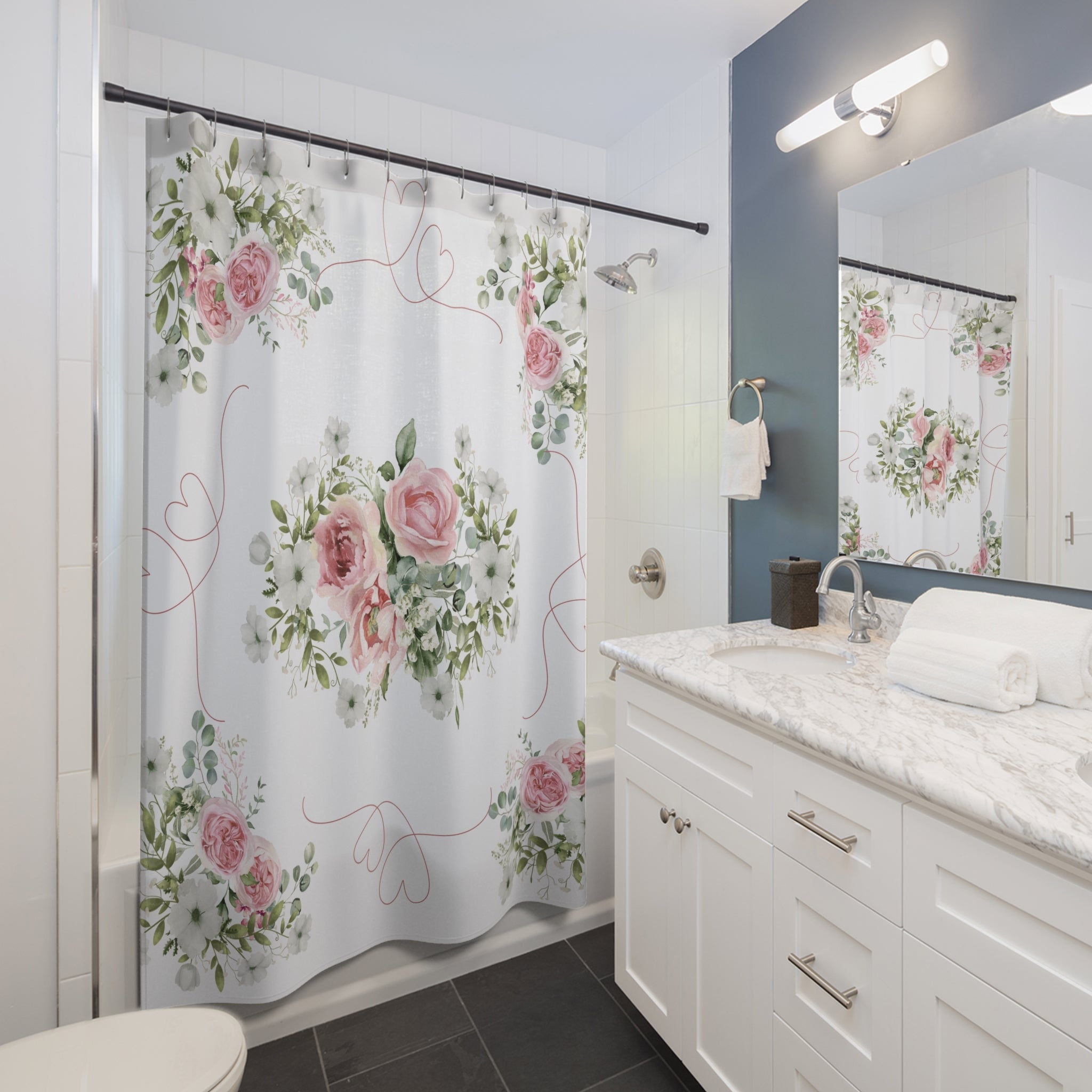 Pink roses and hearts Shower Curtain, Shabby chic, vintage inspired, farmhouse bathroom, country cottage decor, stall shower curtain