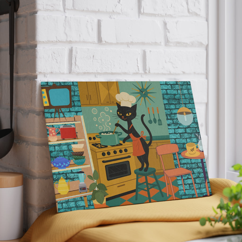 Whimsical Atomic Cat Glass Cutting Board, Retro Kitchen Decor, black Cat Lover Gift, Unique Cooking Accessory, Fun Gift Idea for Home