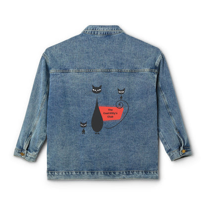 The cool kitty's club Atomic cat retro style Women's Denim Jacket. Mid Century Modern, Black cat lover jacket