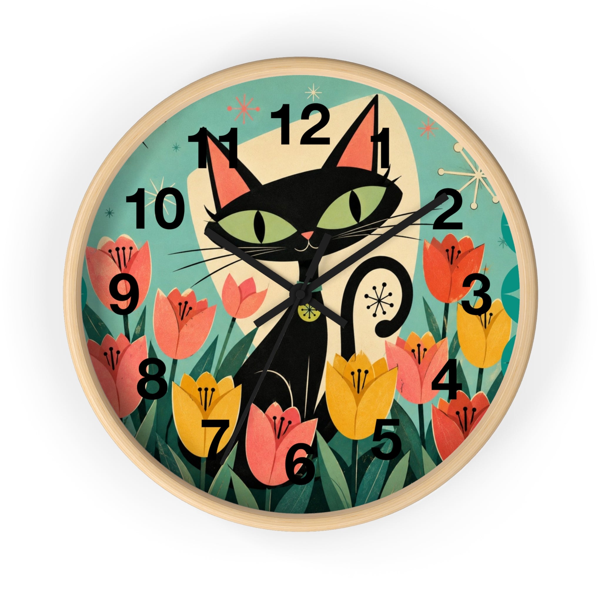 Atomic Black Cat in Tulips Wall Clock | Retro Cat Illustration, Spring Floral