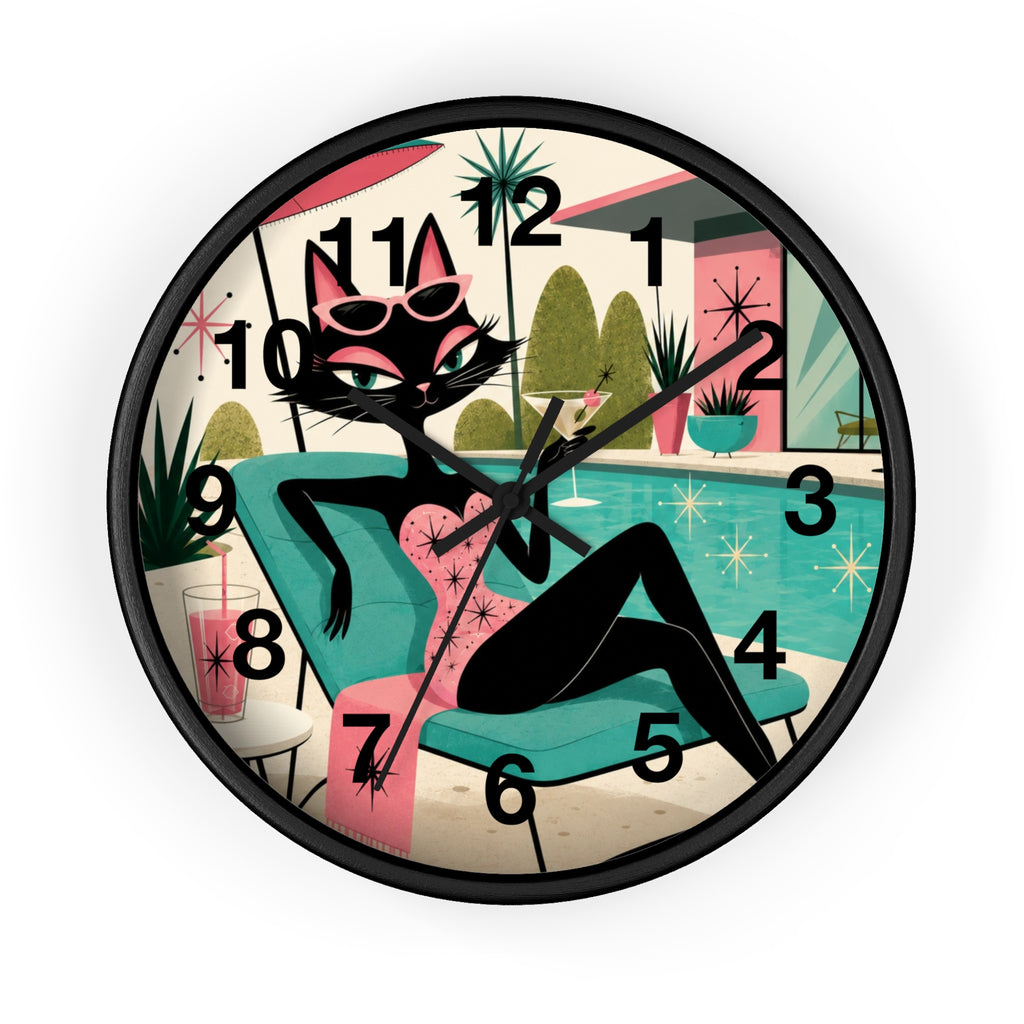 Retro Atomic Cat Lounge Wall Clock | Mid Century Modern Poolside Cat Art