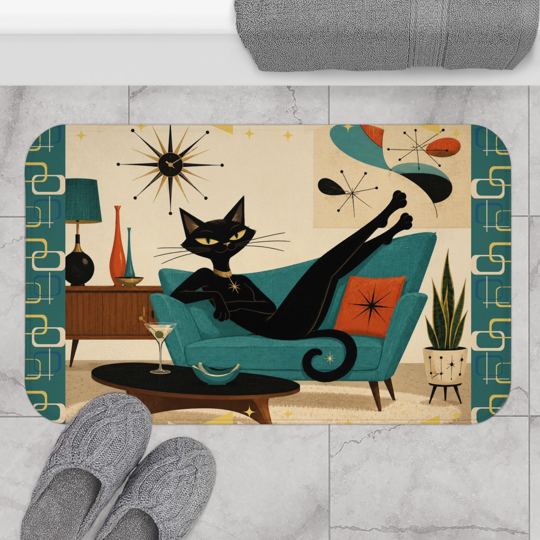 Mid Century Lounge Atomic Cat Bath Mat | Retro Atomic Living Room Design