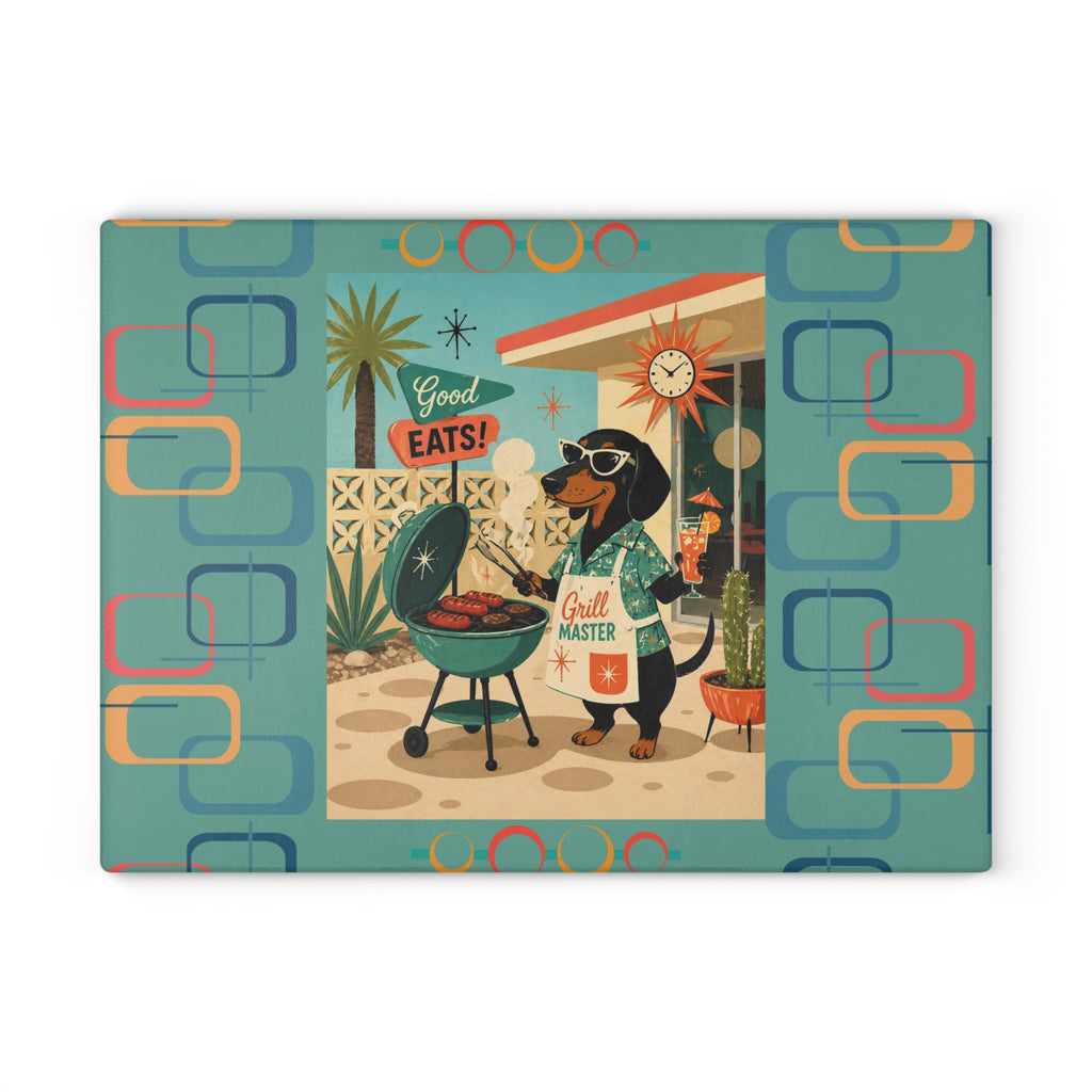 Retro Dachshund BBQ Glass Cutting Board | Mid Century Grill Dog Kitchen Decor