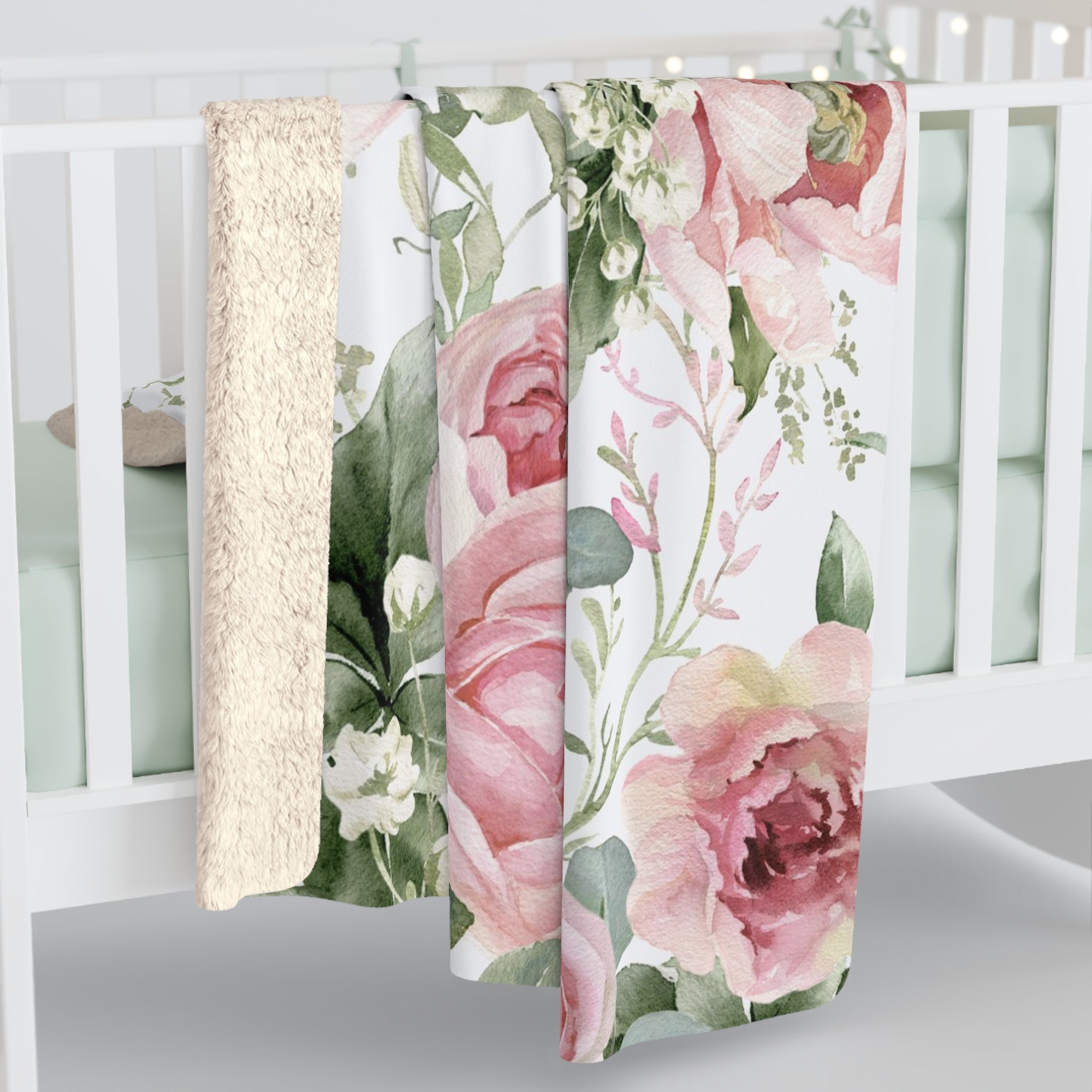 Pink Peony rose Shabby chic Sherpa Fleece Blanket, floral cozy warm soft throw blanket, farmhouse cottage decor