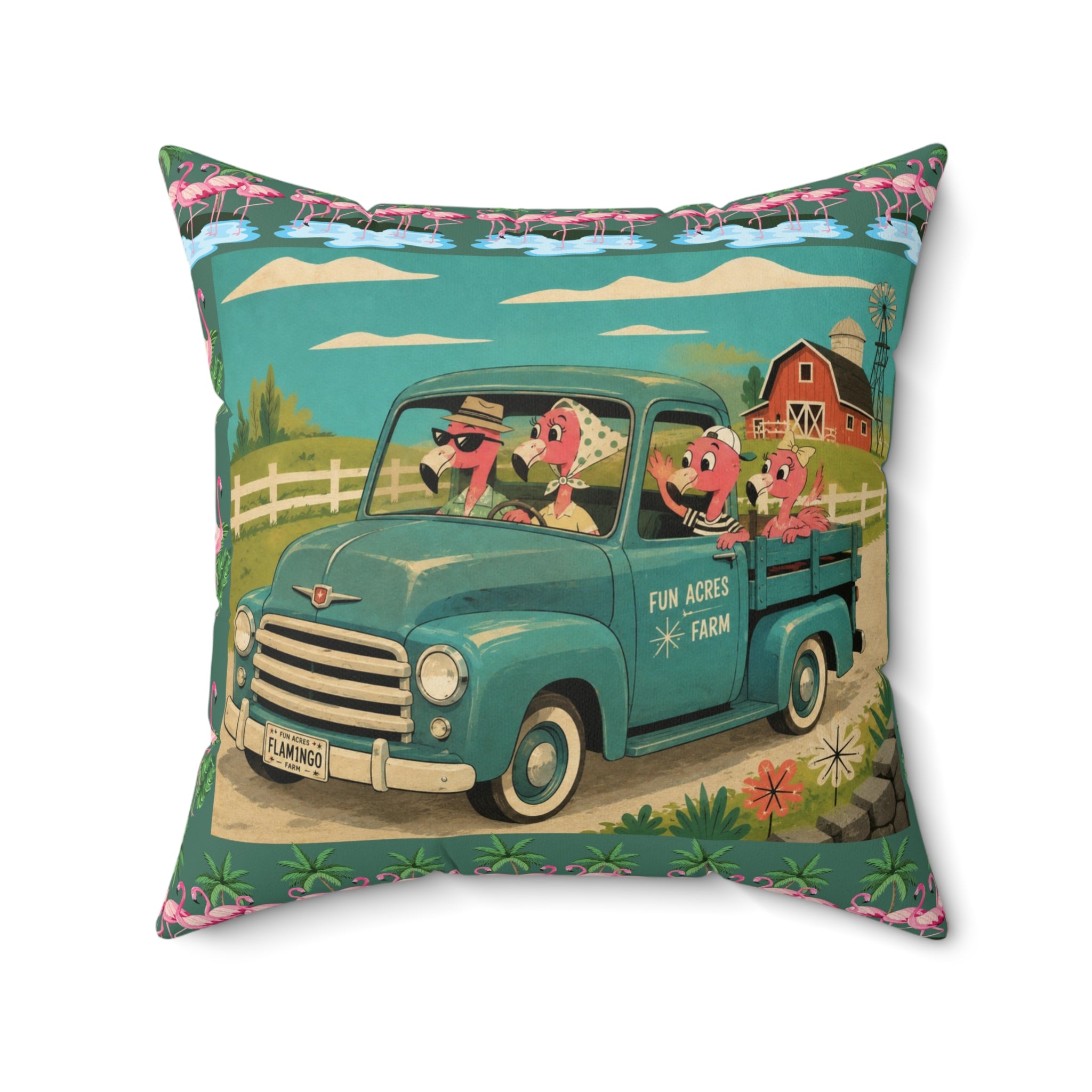 MCM Pink Flamingo Vintage Farm Truck Pillow | Retro Pickup with Farm Animals