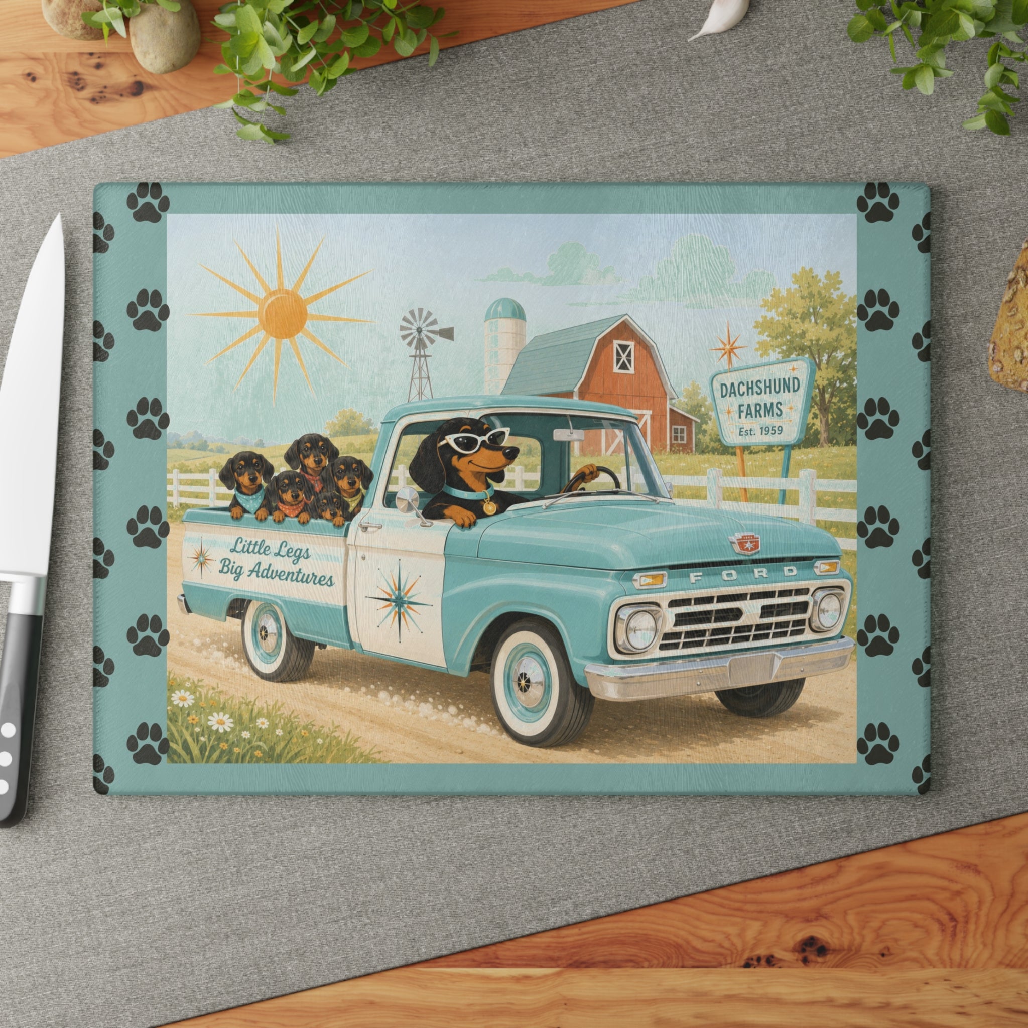 MCM Dachshund Farm Truck Glass Cutting Board | Retro Doxie Dogs Kitchen Decor