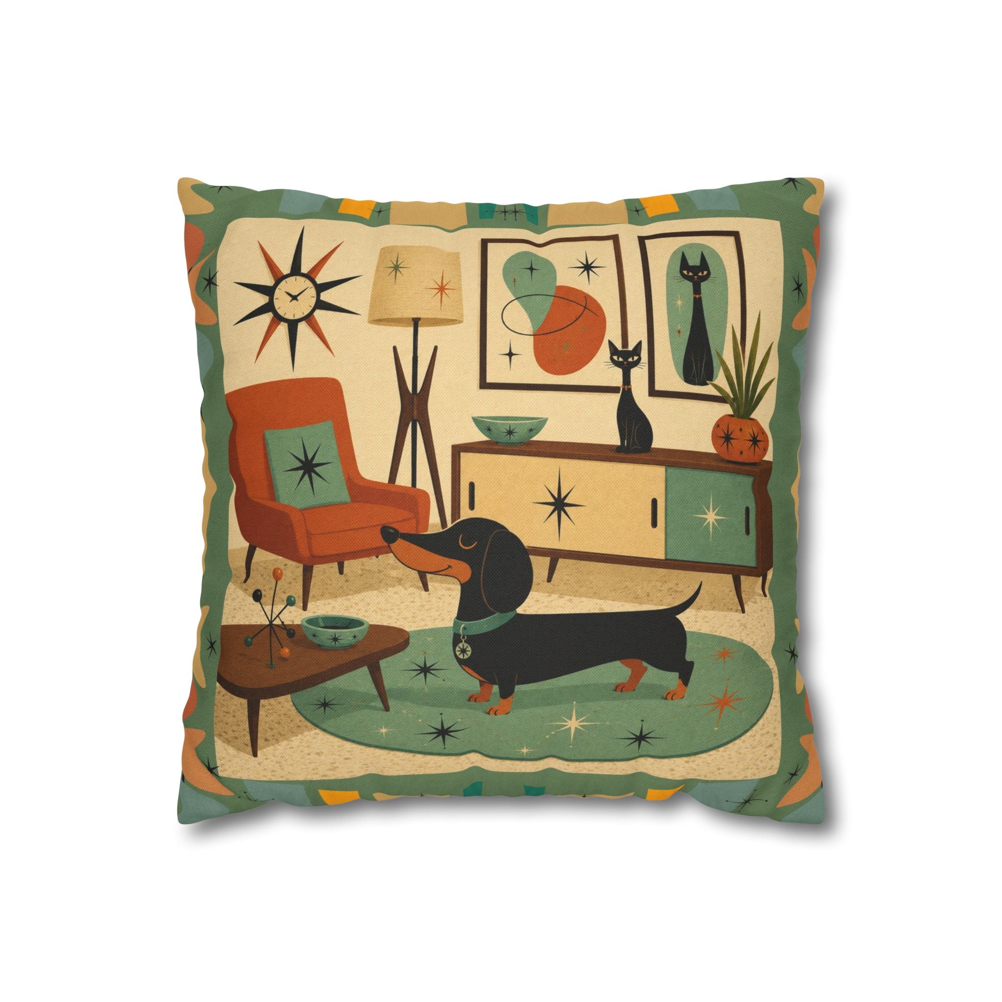 Mid-Century Living Room Dachshund Pillowcase | Square Pillowcase - COVER ONLY