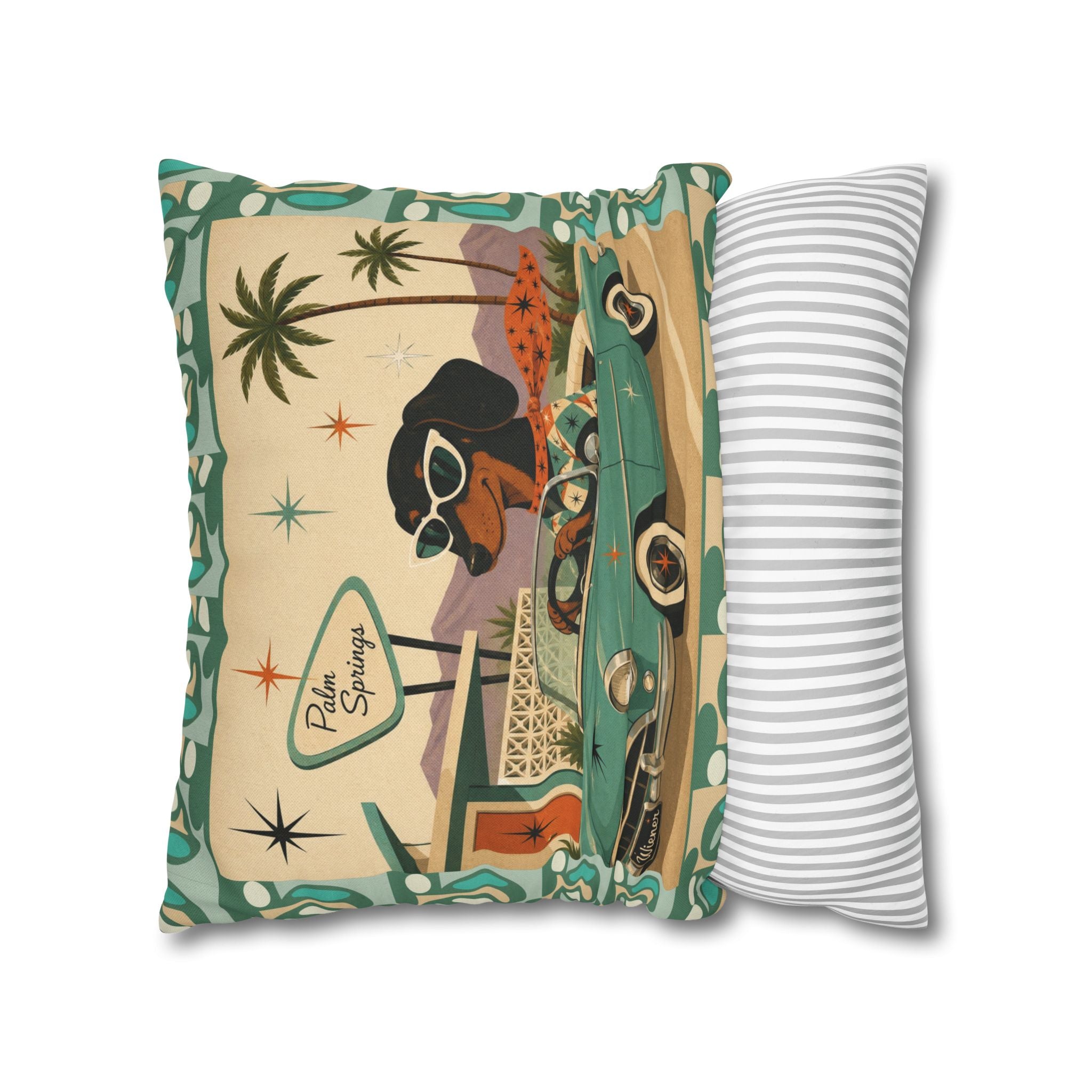 Retro Dachshund Driving Convertible Pillowcase | Palm Springs Vintage Car - COVER ONLY