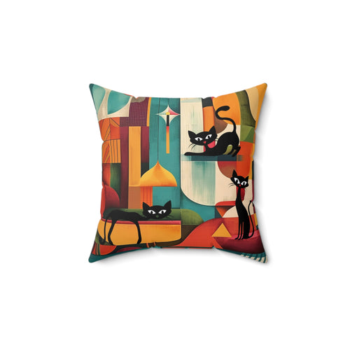 Atomic cat MCM Spun Polyester  Square Pillow, retro Mid Century Modern, black cat lover gift, 50s 60s, throw scatter cushion