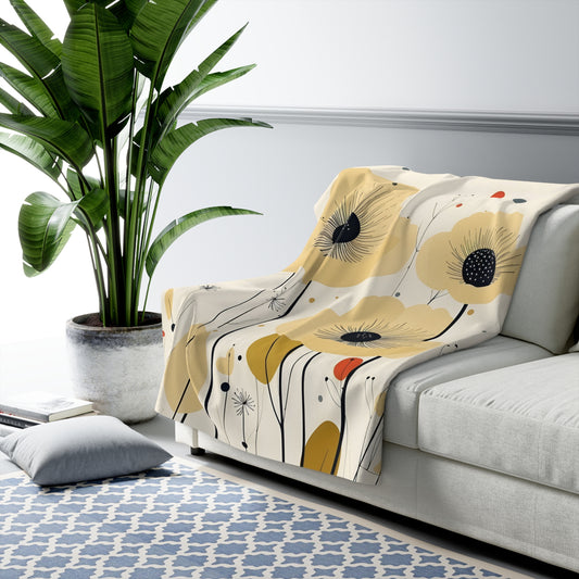 Yellow Poppy's Mid Century Modern Sherpa Fleece Blanket, retro floral, MCM throw couch bed blanket