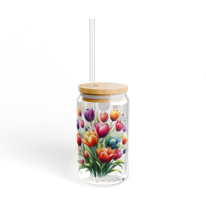 Colorful tulips floral Sipper Glass, 16oz, flower drinking glass, cocktail glass, coffee cup, iced coffee glass