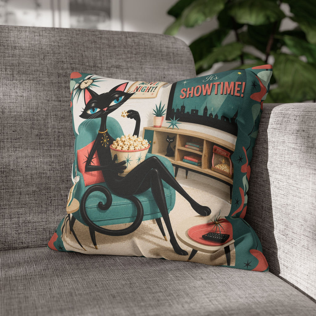 Retro atomic Black Cat Movie Night Pillowcase | MCM Square Pillowcase - Indoor use