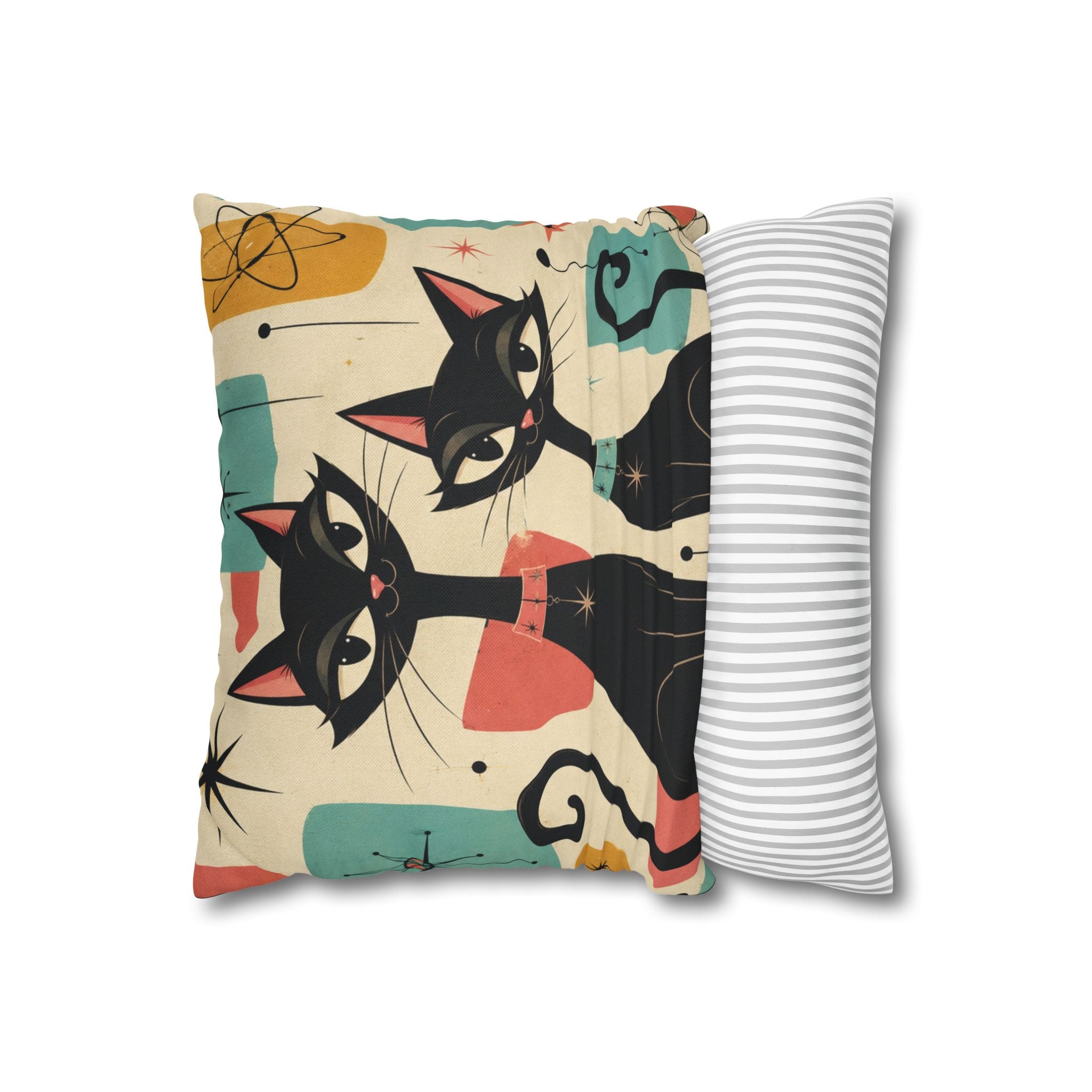Mid Century Retro Atomic Black Cats Pillowcase | Spun Polyester Square Pillowcase - COVER ONLY