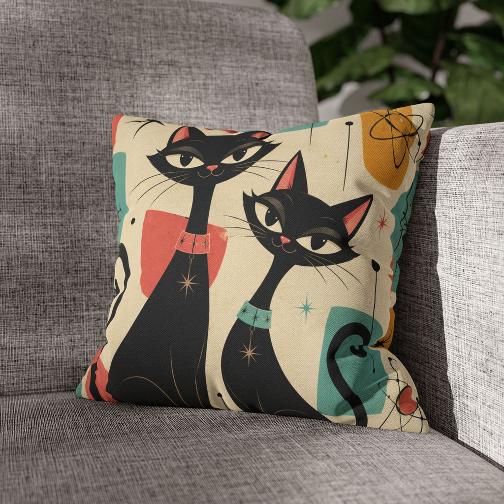 Mid Century Retro Atomic Black Cats Pillowcase | Spun Polyester Square Pillowcase - COVER ONLY