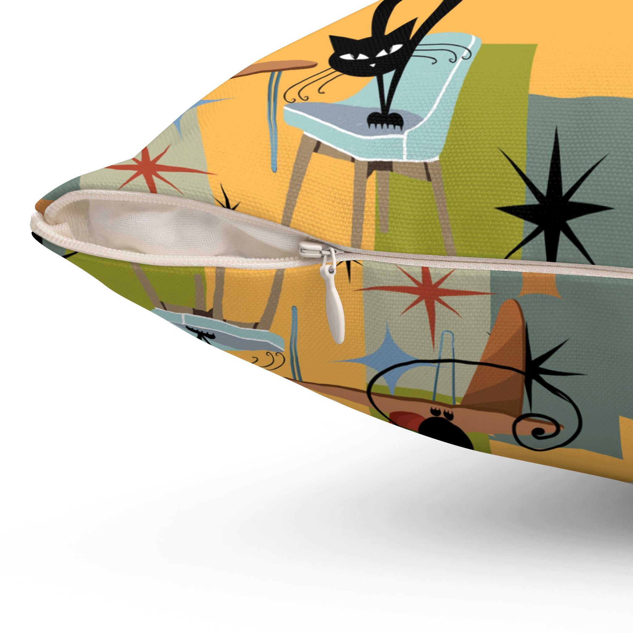 Mid-Century Black Cat Decorative Pillow — Retro Starburst Pattern