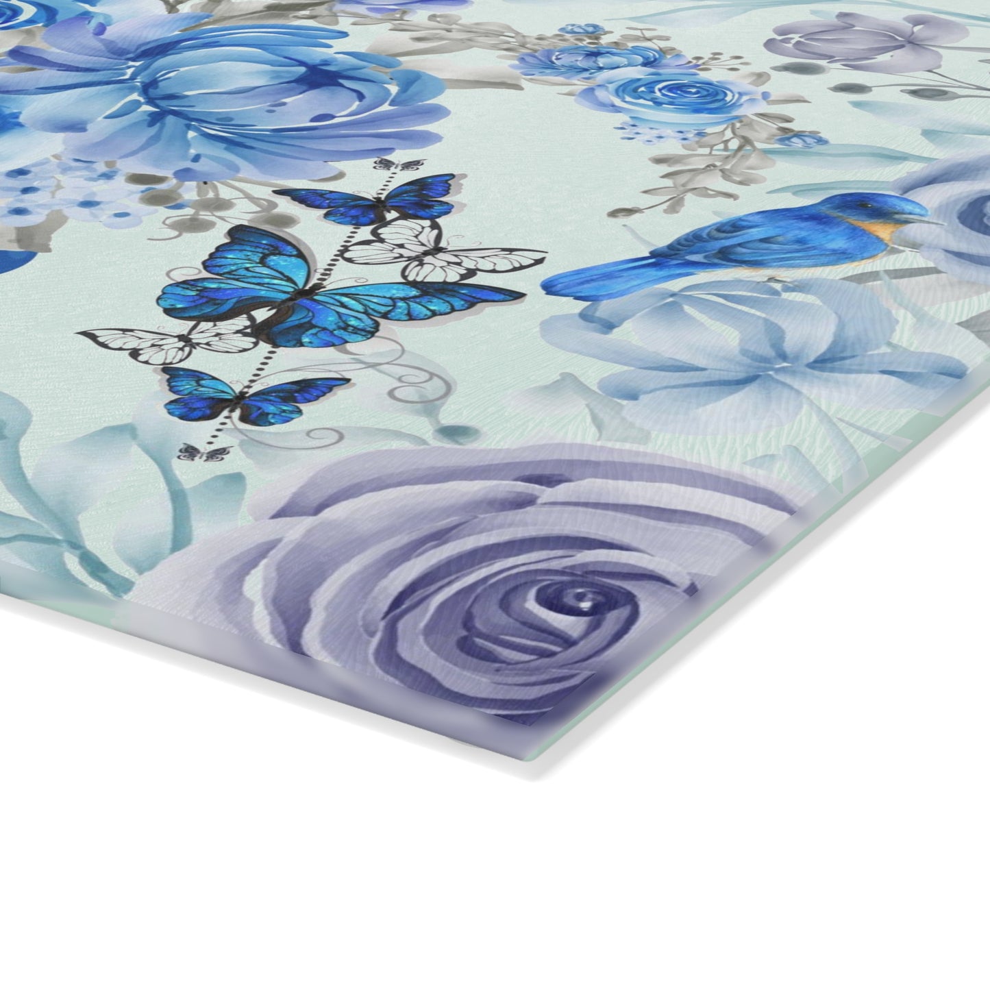 Blue and white, flowers, birds and butterflies, home decor, food preparation Glass Cutting Board