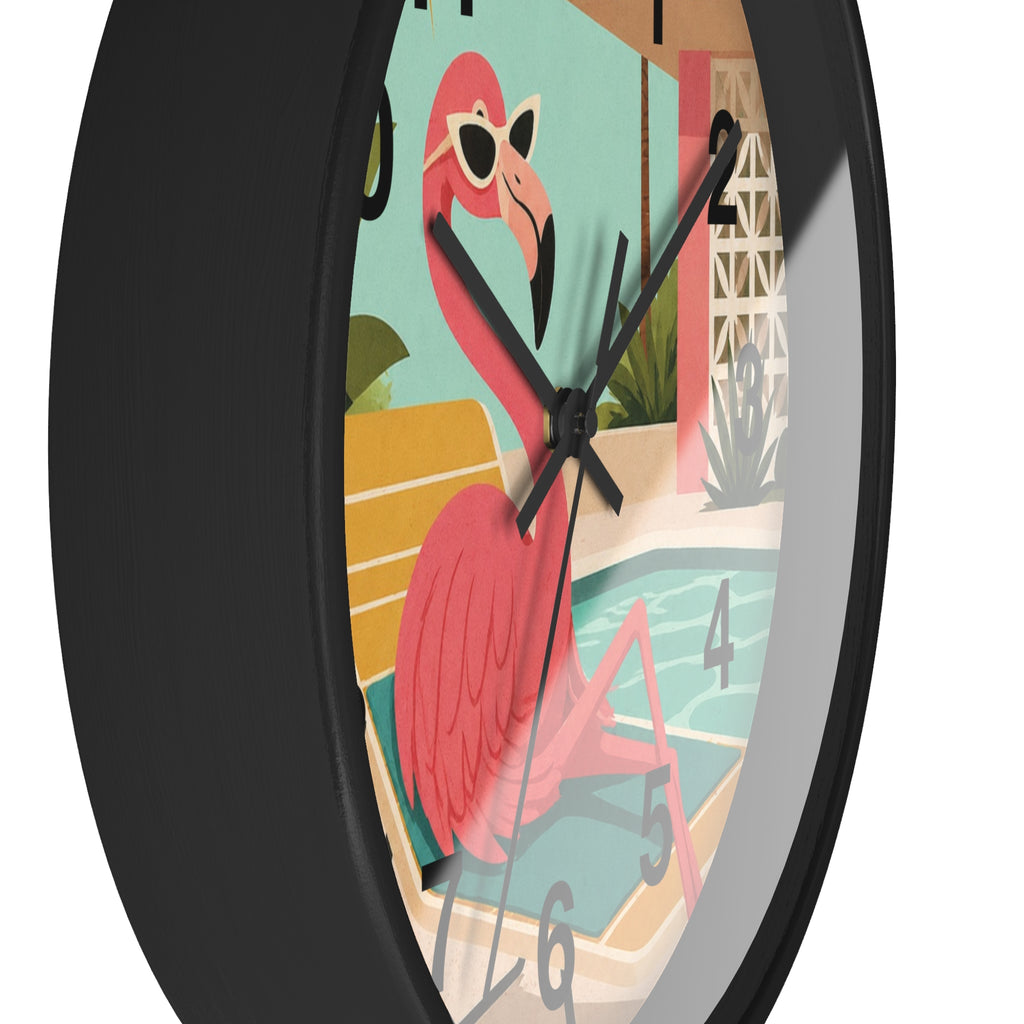 Retro Flamingo Poolside Wall Clock | Mid Century Tropical Illustration