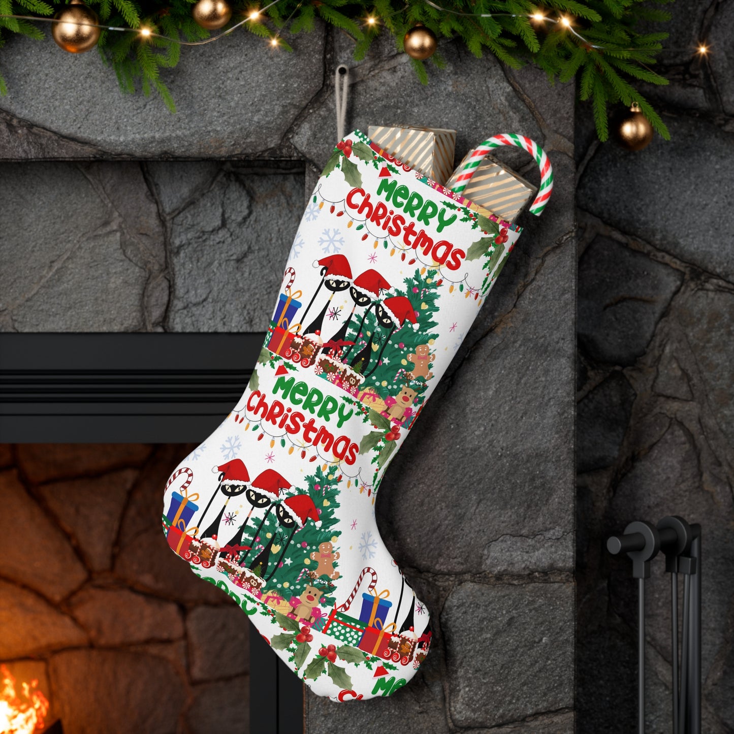 Atomic cat Christmas retro Santa Stocking, holiday decoration, cat lover stocking, 50s 60s vintage inspired, Mid Century Modern Xmas