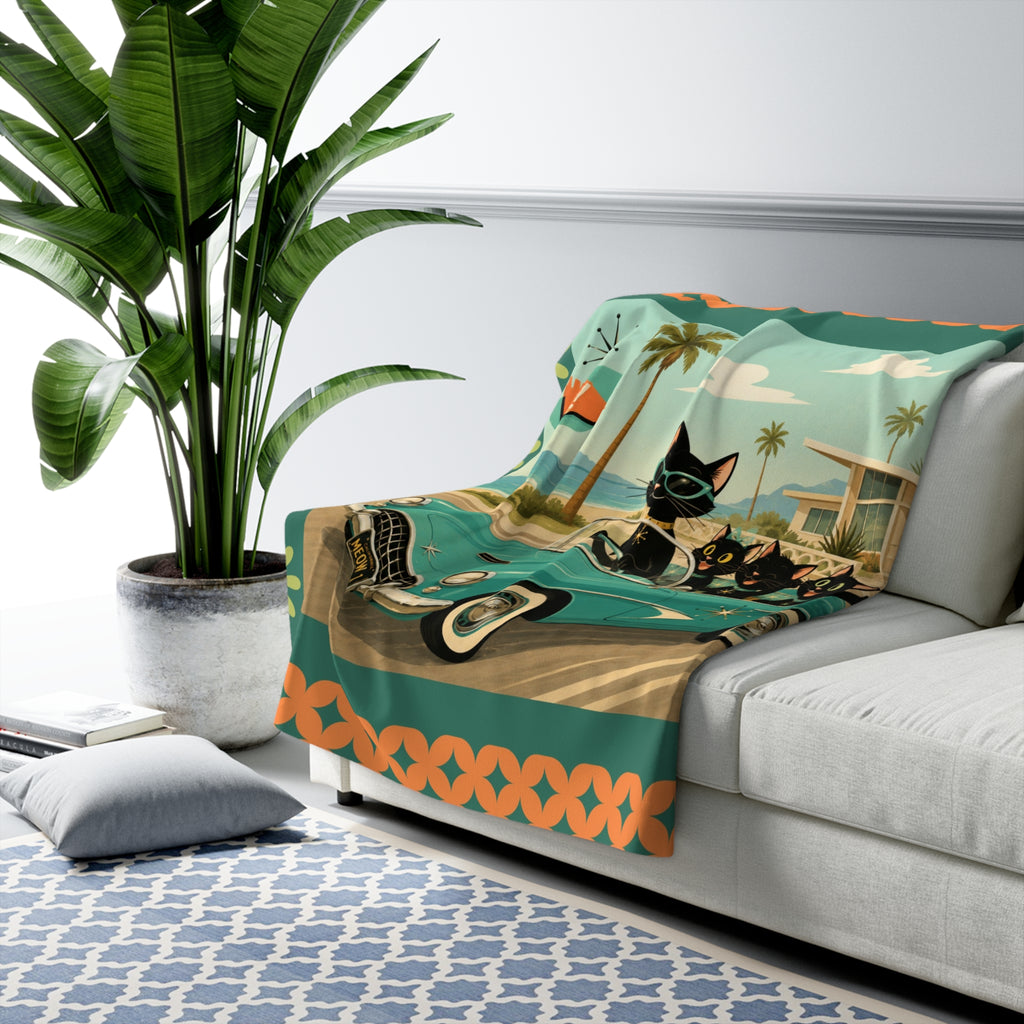 Retro Black Atomic Cats Driving Convertible Sherpa Blanket | Vintage Beach Roadtrip