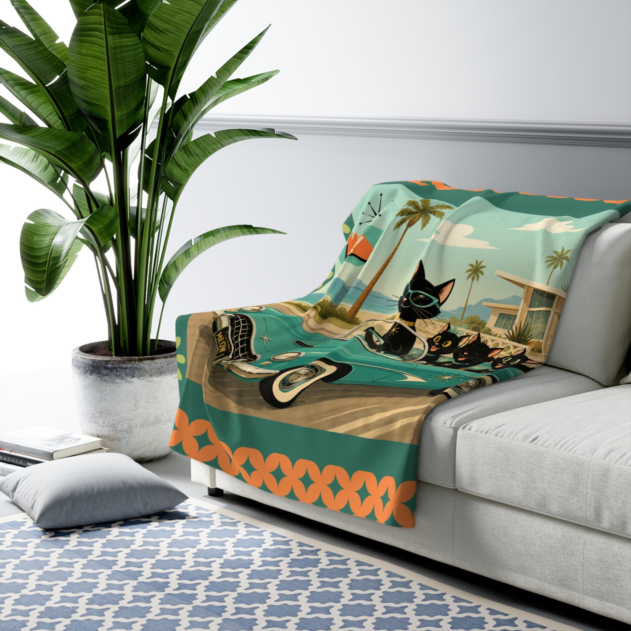 Retro Black Atomic Cats Driving Convertible Sherpa Blanket | Vintage Beach Roadtrip