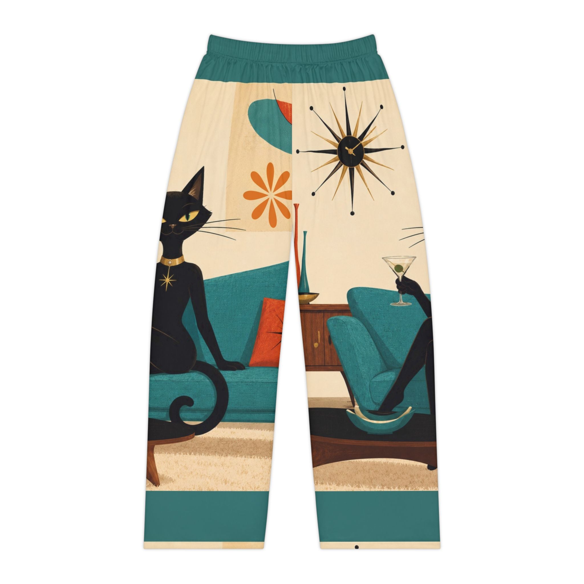 Mid-Century Atomic Black Cat Illustration Pajama Pants | Retro Living Room Print