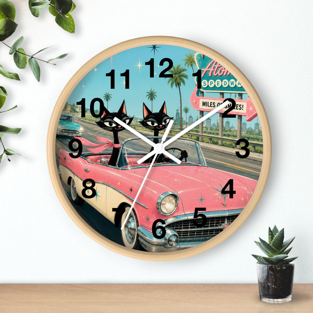 Retro Atomic Cat Roadtrip Wall Clock | Vintage Pink Convertible, Palm Trees