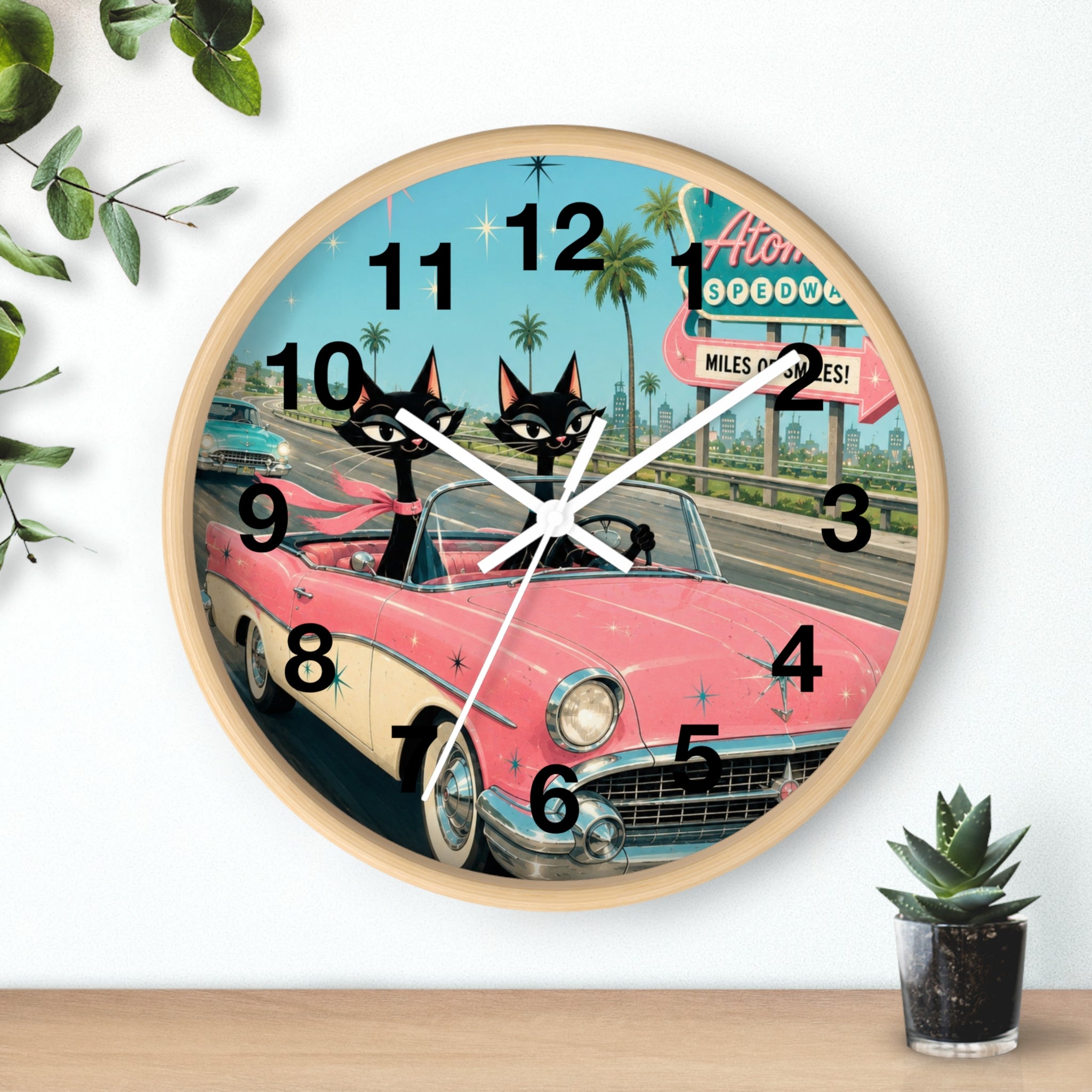 Retro Atomic Cat Roadtrip Wall Clock | Vintage Pink Convertible, Palm Trees