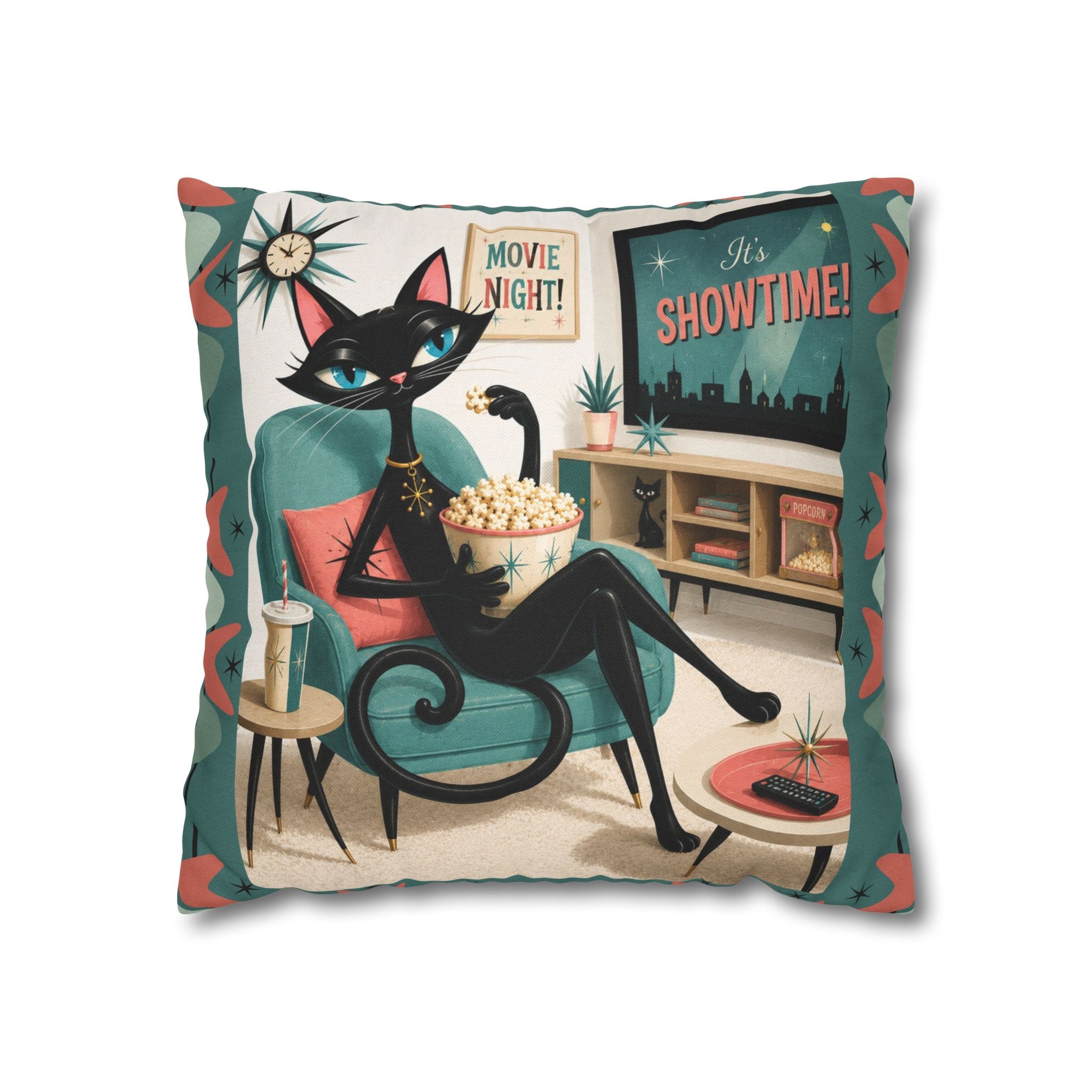Retro atomic Black Cat Movie Night Pillowcase | MCM Square Pillowcase - Indoor use