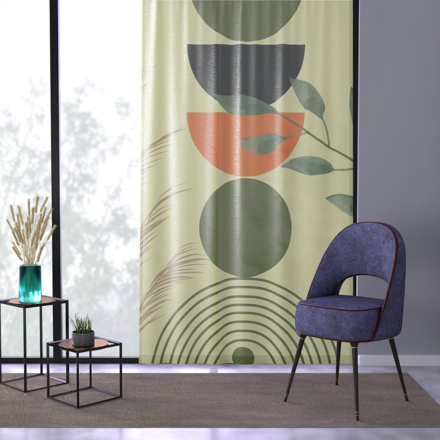 Boho MCM sheer Window Curtain, mid century modern, botanical, living room bedroom curtain