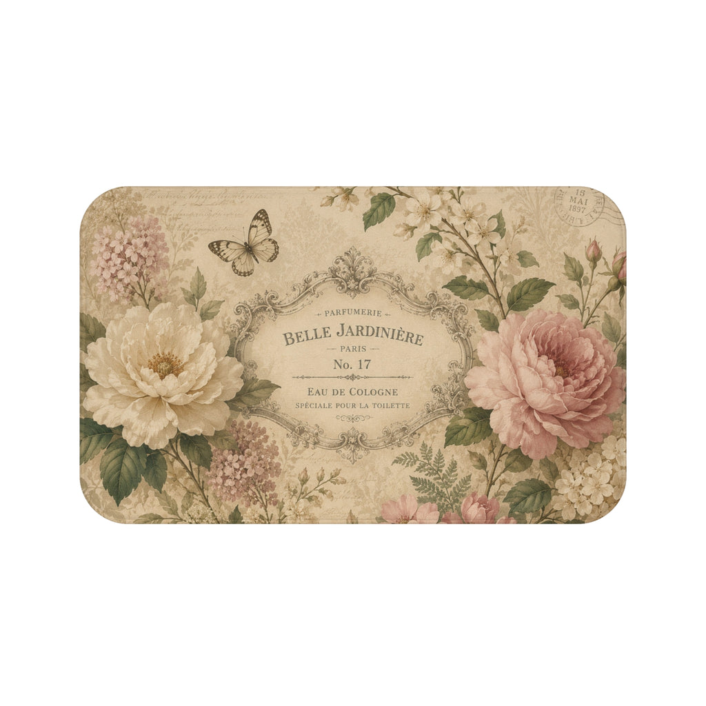Vintage Floral Label Bath Mat | Shabby Chic Peonies, Butterflies