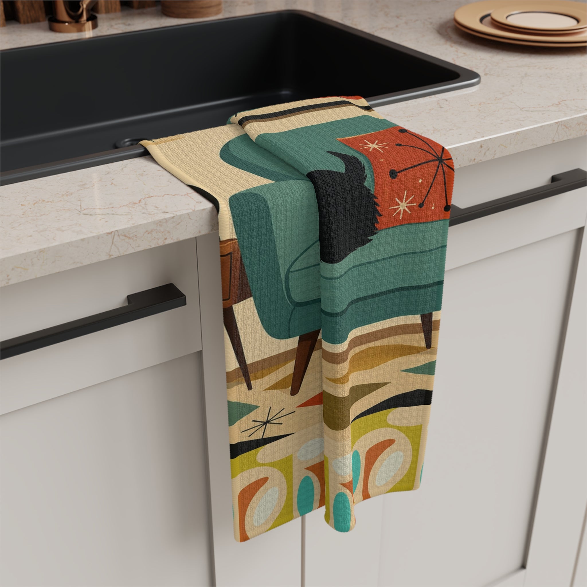 Mid Century Scotty Dog Microfiber Tea Towel | Retro Living Room Illustration