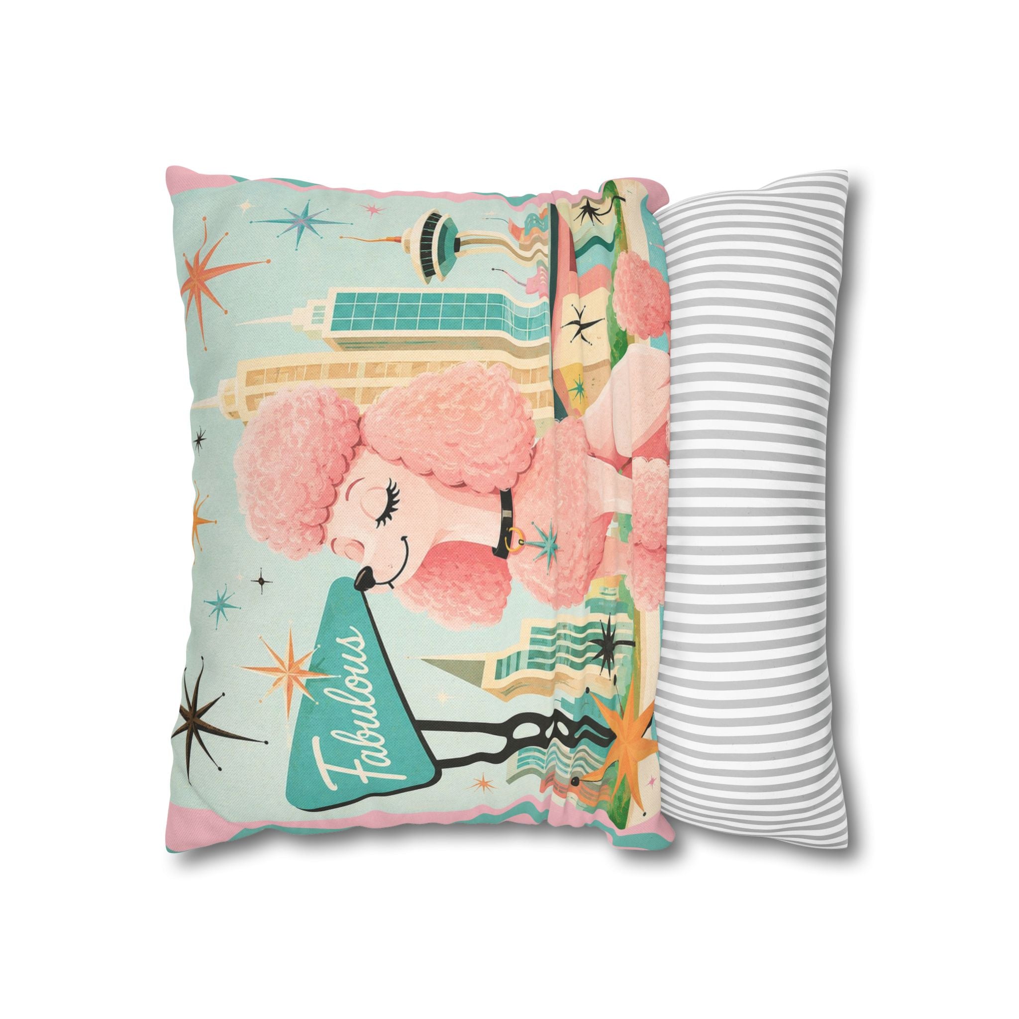 Fabulous Pink Poodle Pillowcase Spun Polyester Square Pillowcase | Retro Mid-Century Dog - COVER ONLY