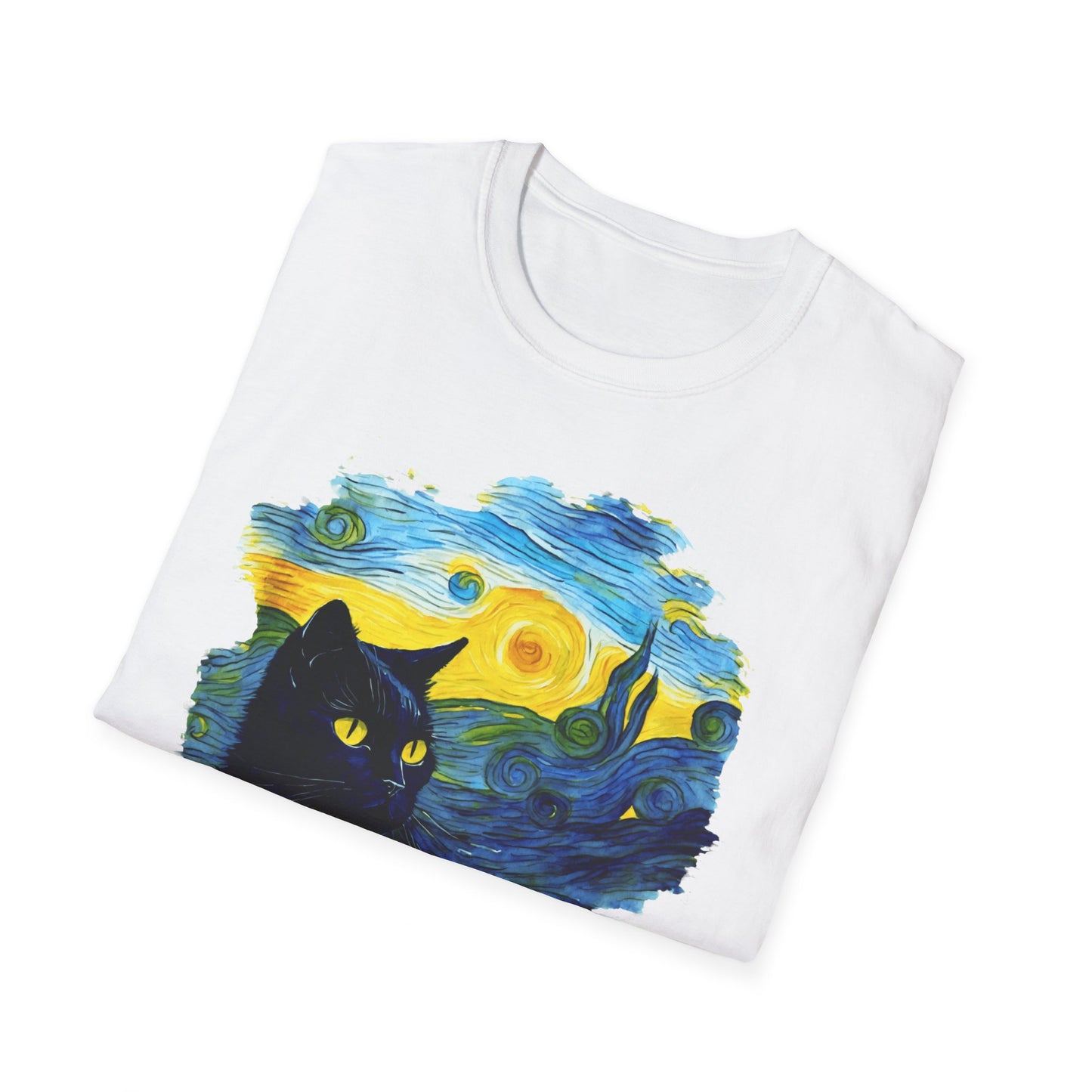 Cute black Cat with Van Gogh inspired Unisex Softstyle T-Shirt