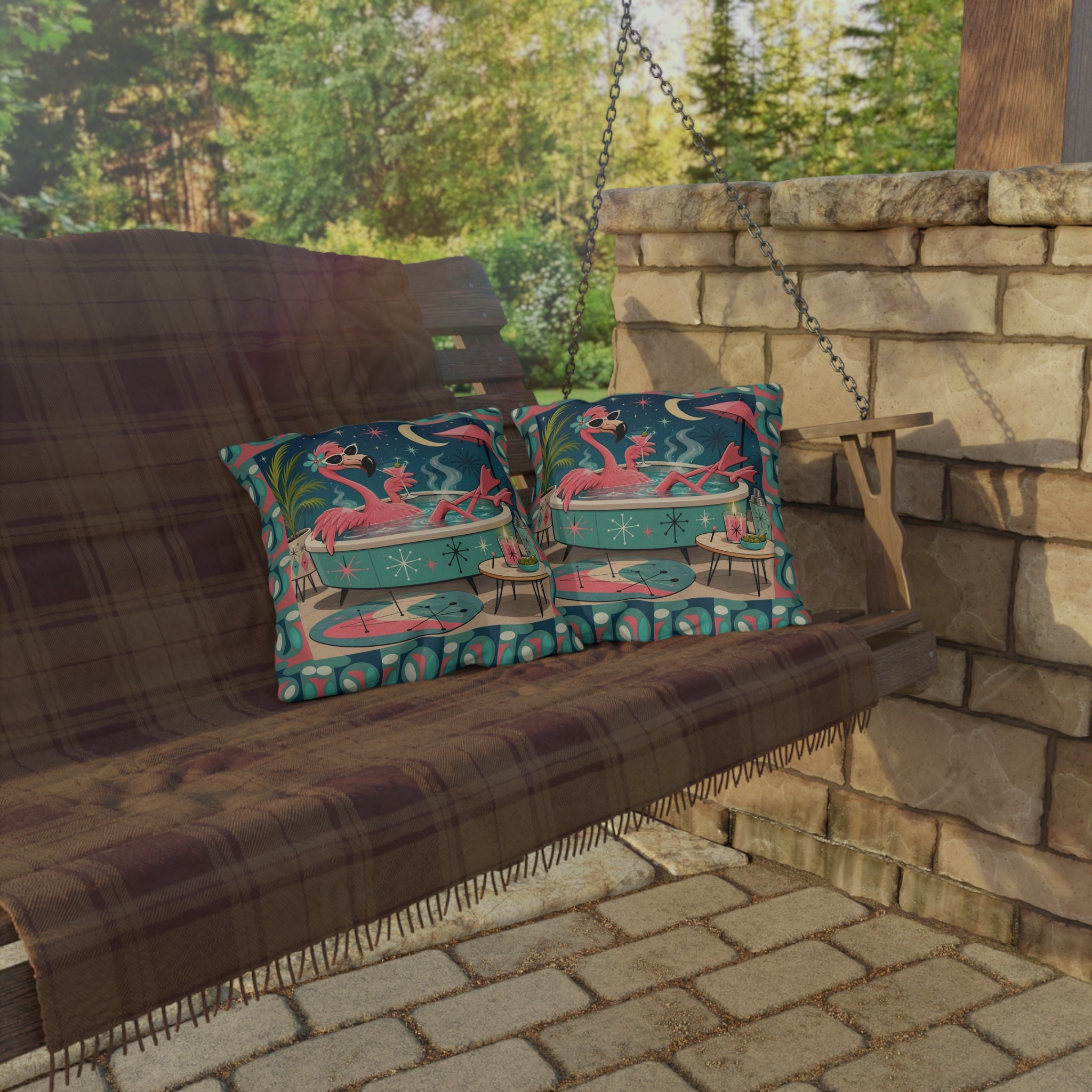 Retro Flamingo in Hot Tub Outdoor Pillow | Mid Century Tropical Patio Decor