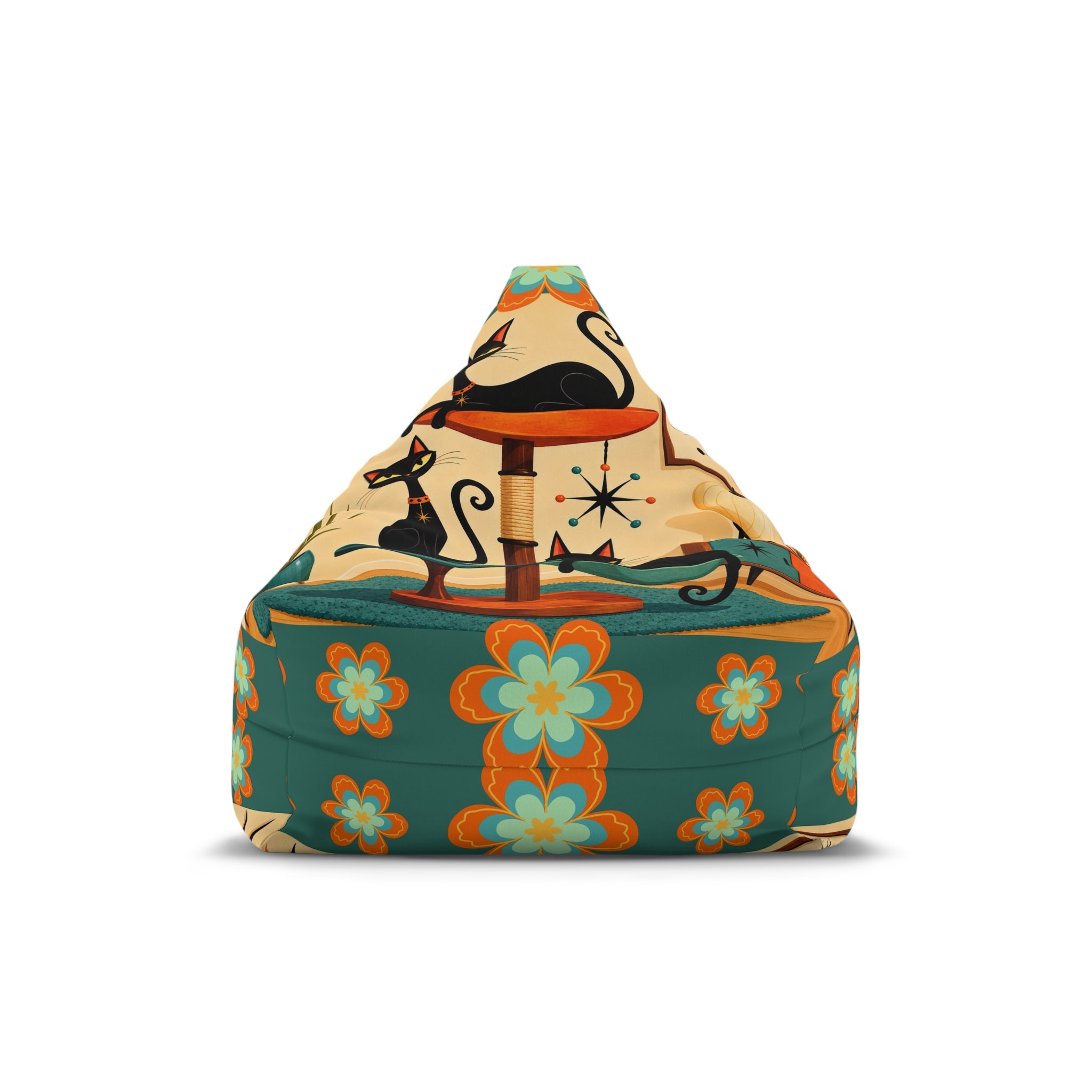 Retro Floral and Atomic Cats Bean Bag Chair Cover | Mid Century Modern Cat Pattern