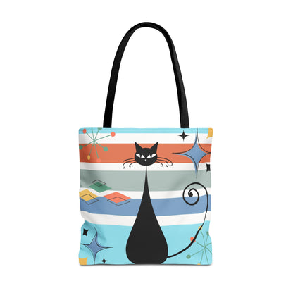 Atomic cat retro tote bag, black cat lover, mid century modern tote carry bag